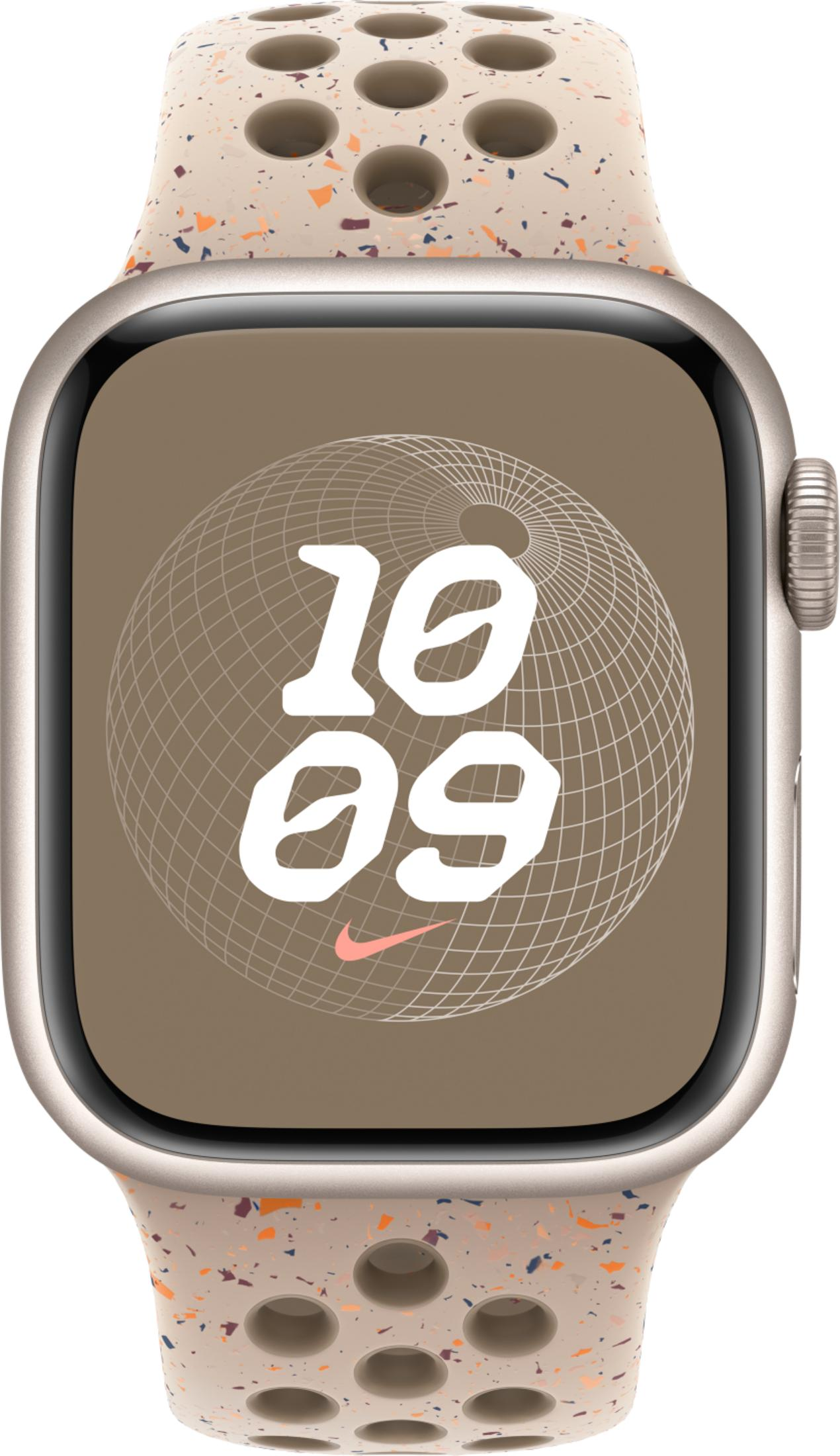 A watch with a speckled band and a face showing 10:09.
