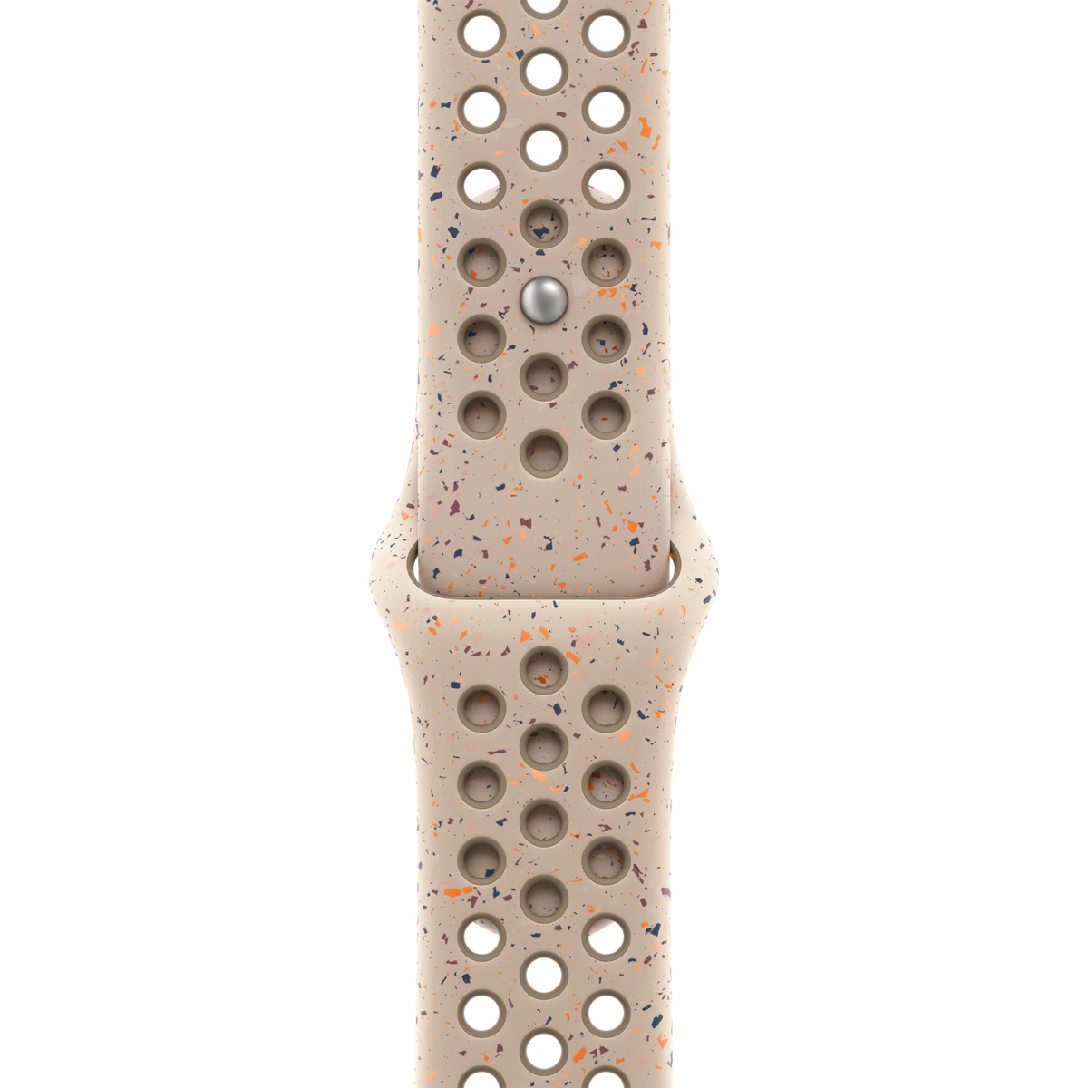 Beige watch band with colorful speckles and circular perforations.