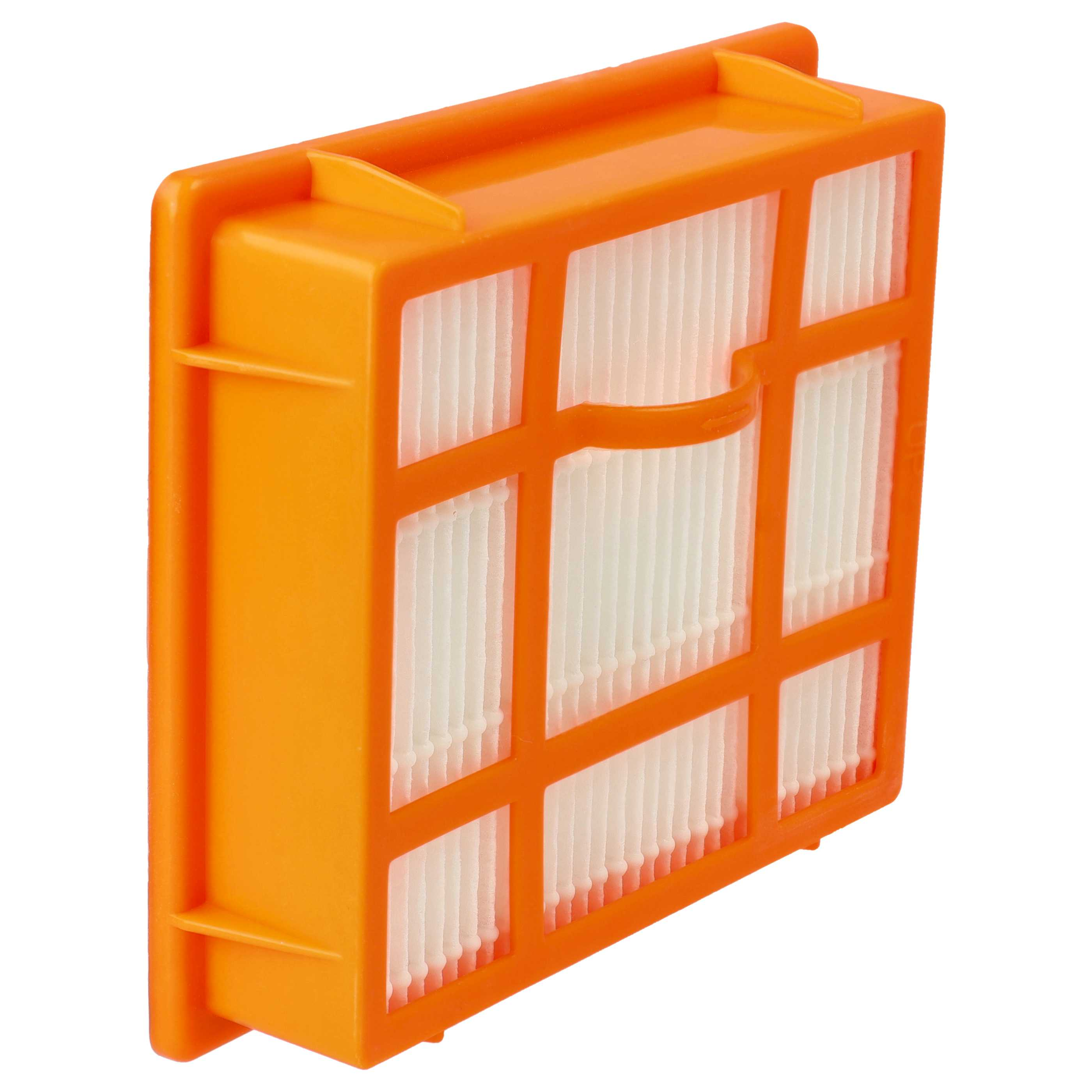 Ein orangefarbener Staubsaugerfilter mit weißem Faltenelement.