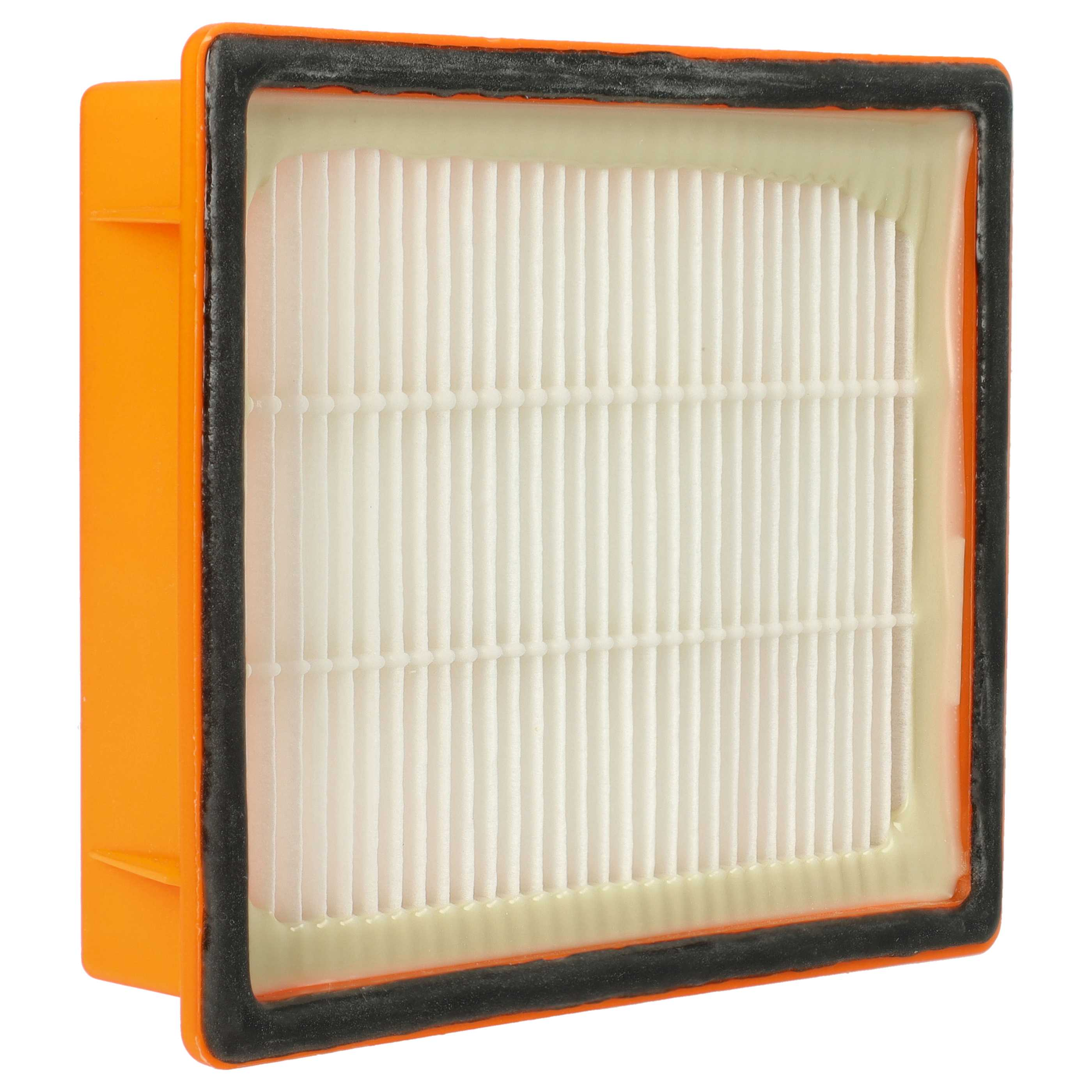 Ein orangefarbener Vakuumfilter mit weißem, gefaltetem Filtermedium und schwarzer Dichtung.