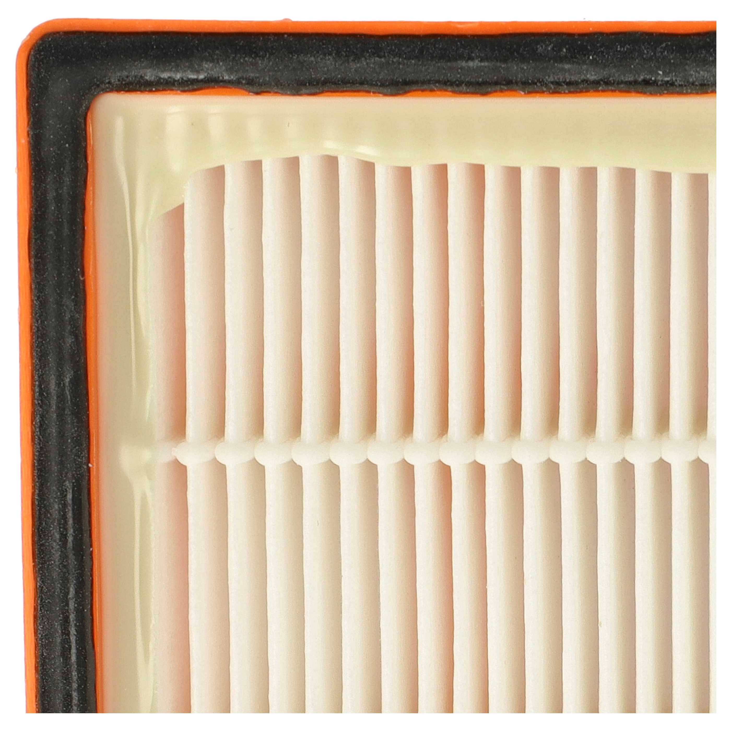 Orangefarbener Rahmen mit schwarzem Dichtungsgummi und einem hellbeigen Filterelement.