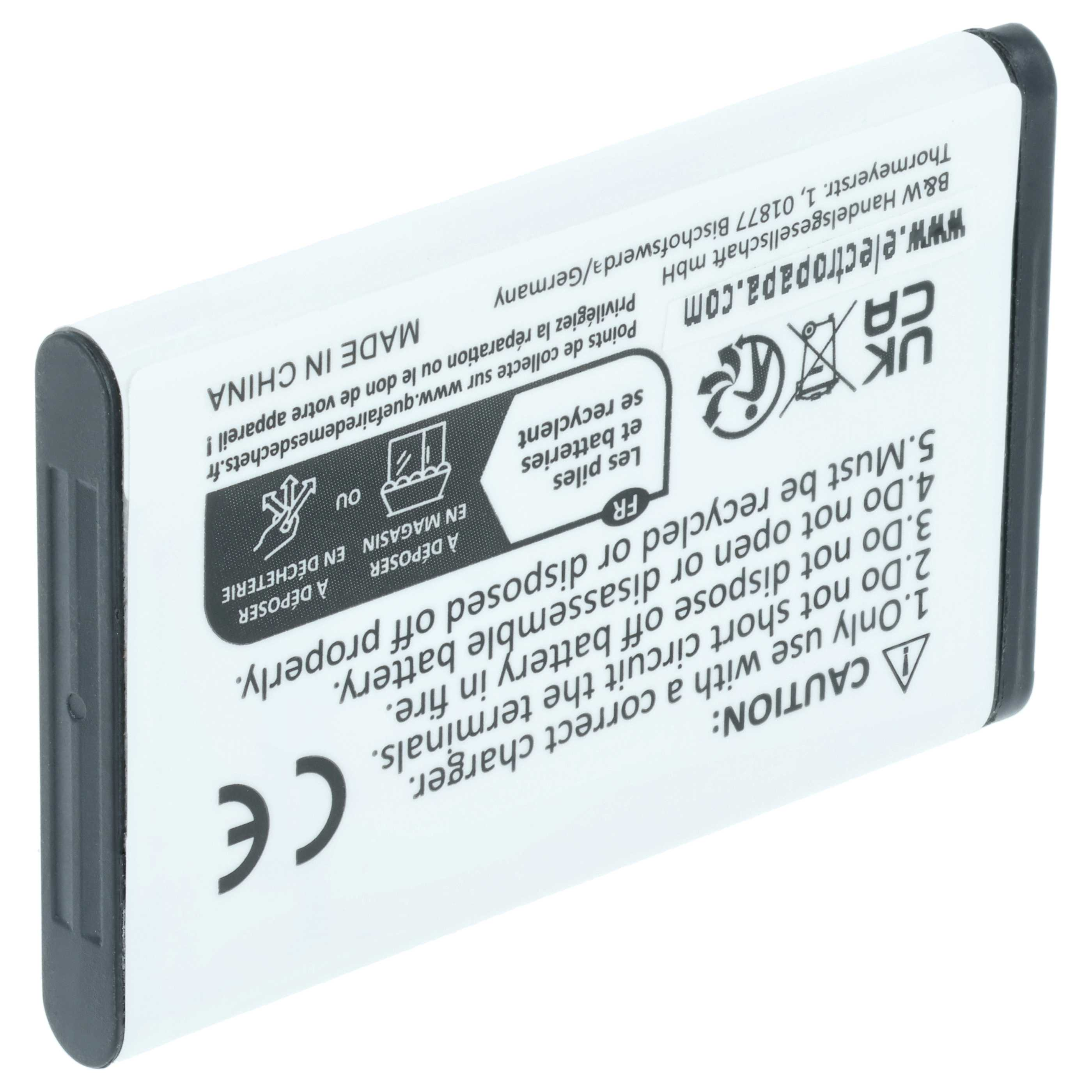 Weiße Batterie mit schwarzem Rand, Warnhinweisen und Recycling-Symbolen.