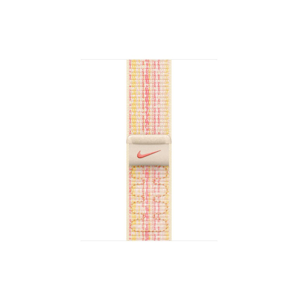 A woven band with pink and yellow stripes and an orange Nike logo.