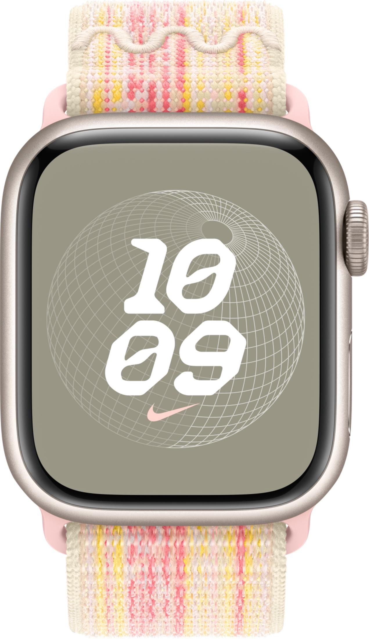 A smartwatch with a colorful band and a watch face showing time and the Nike logo.