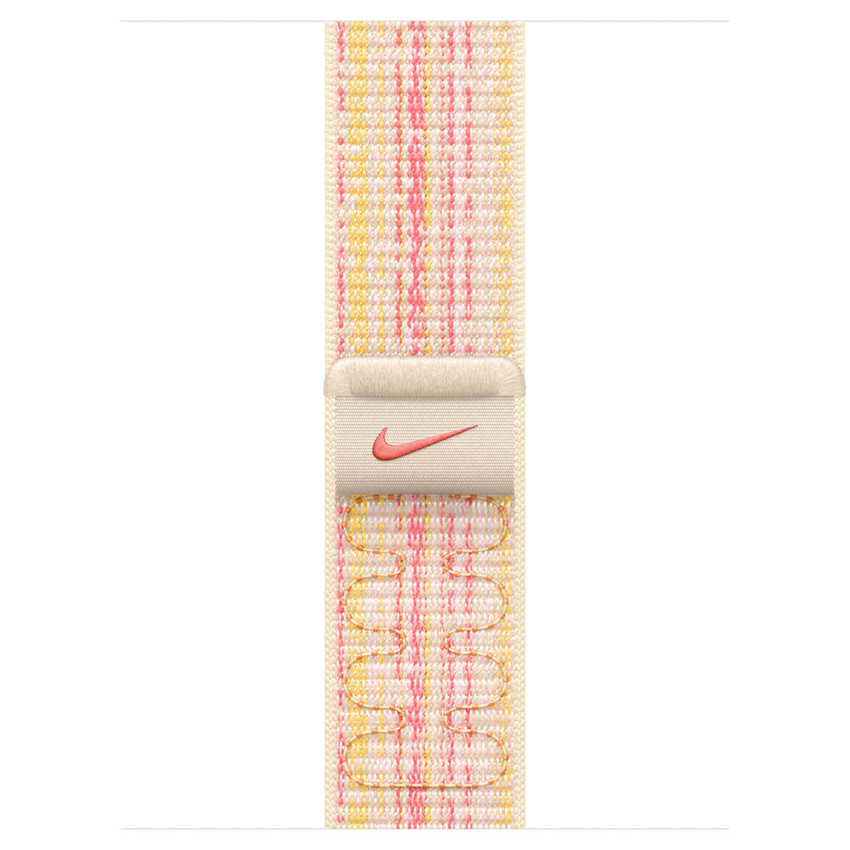 A woven watch band with a plaid pattern of yellow, pink, and cream threads.