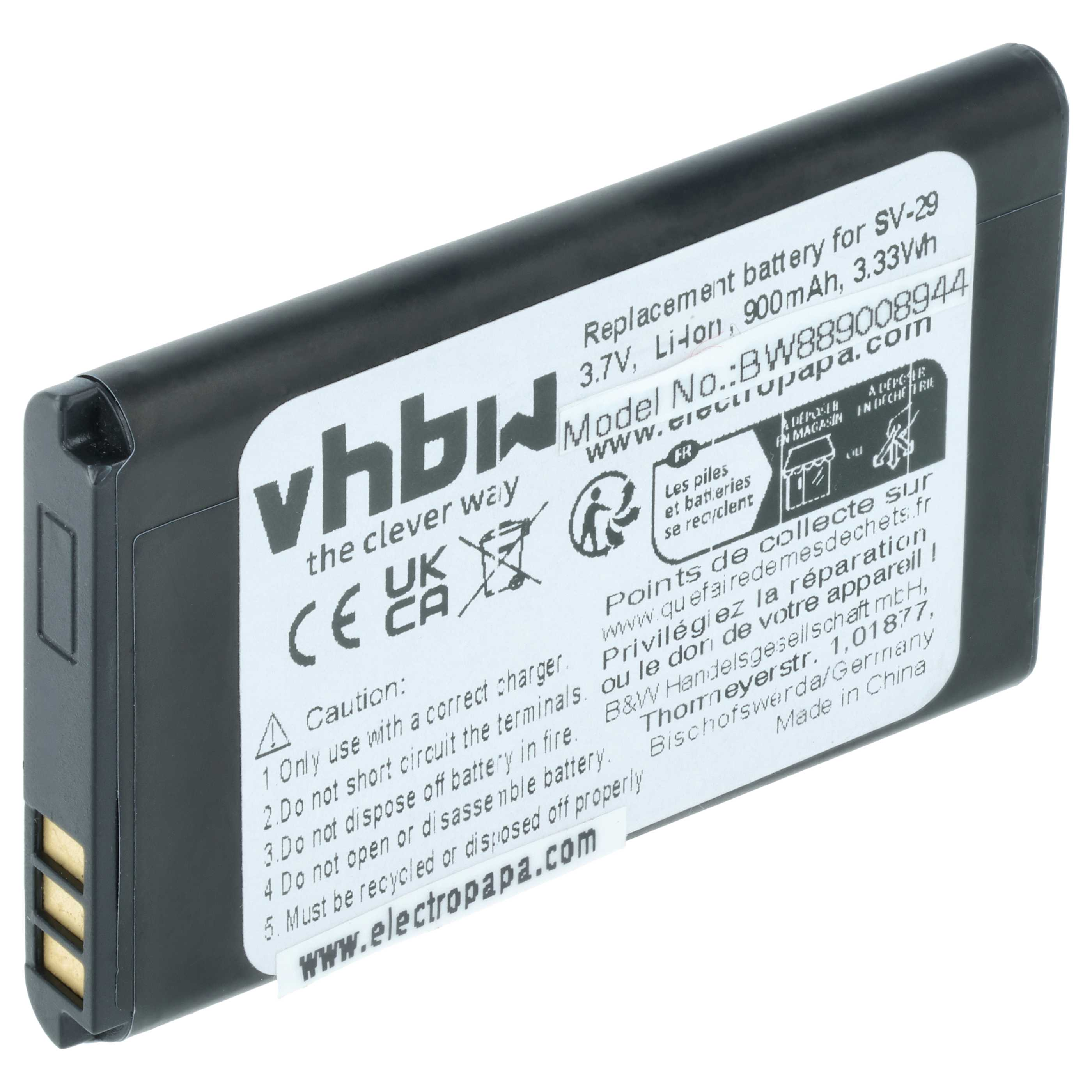 Schwarzer Akku für SV-29, 3,7V, 900mAh, mit Aufkleber und Warnhinweisen.
