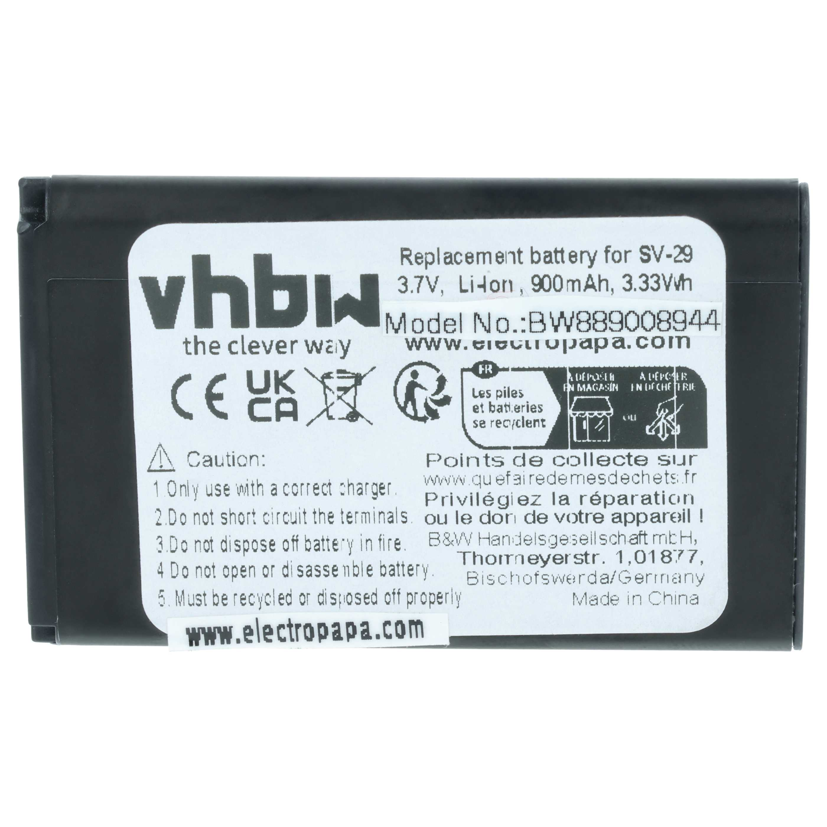 Schwarz-weiße Batterie mit Aufkleber. Enthält Warnhinweise und Recycling-Infos.