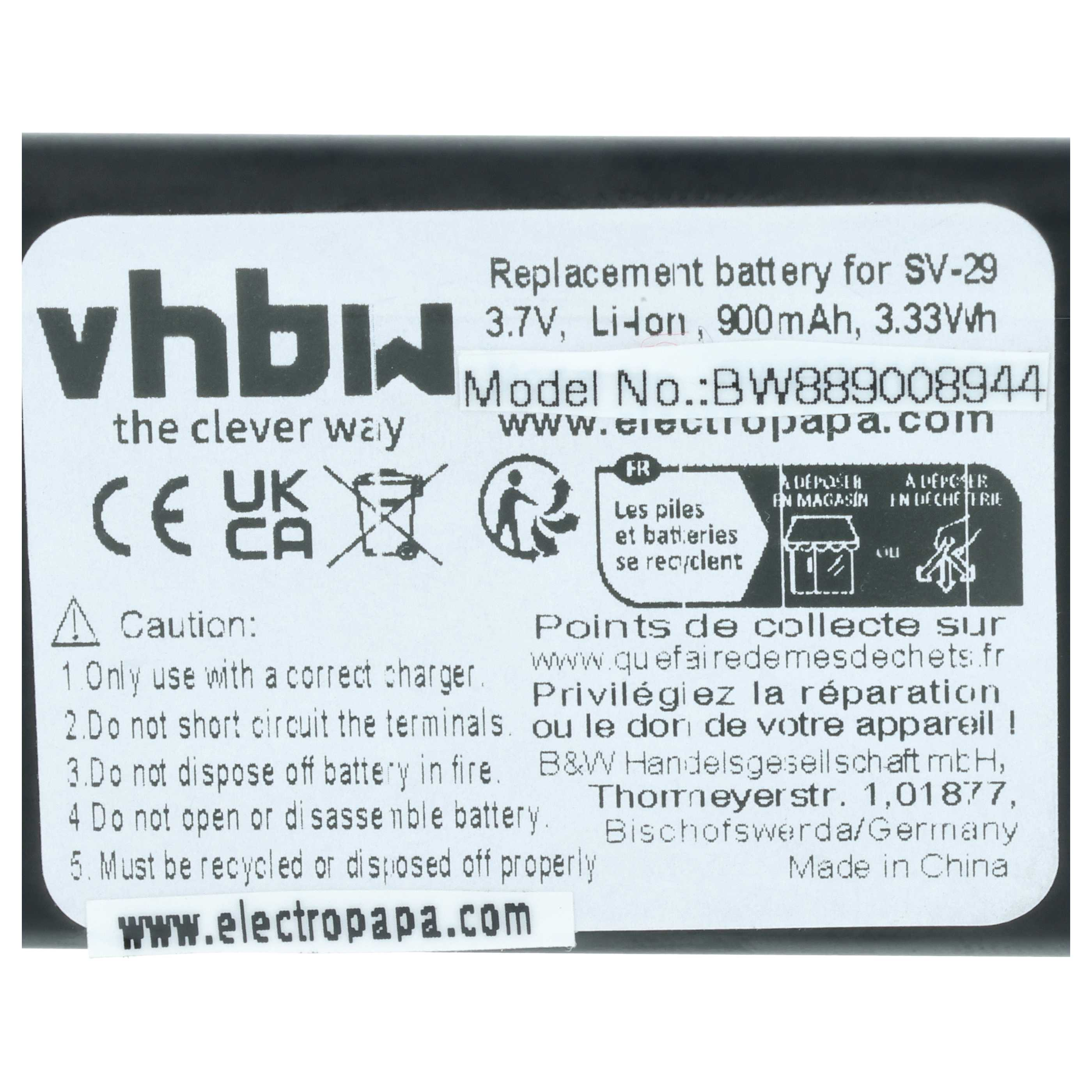 Ersatzakku für SV-29, 3,7V Li-Ion, 900mAh, 3,33Wh. Modell BW889008944.