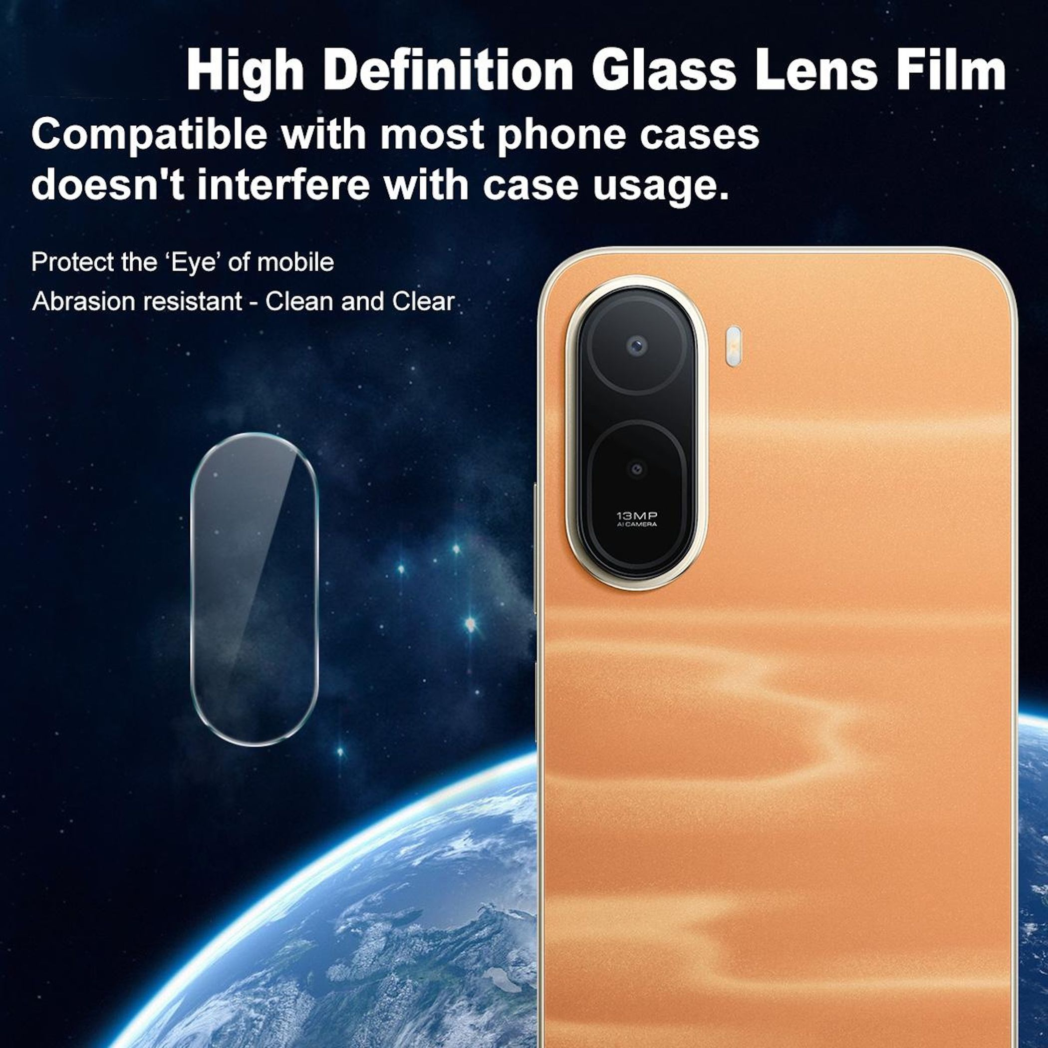 Un telefono con corpo arancione e fotocamera accanto a una lente di vetro, con la Terra sullo sfondo.