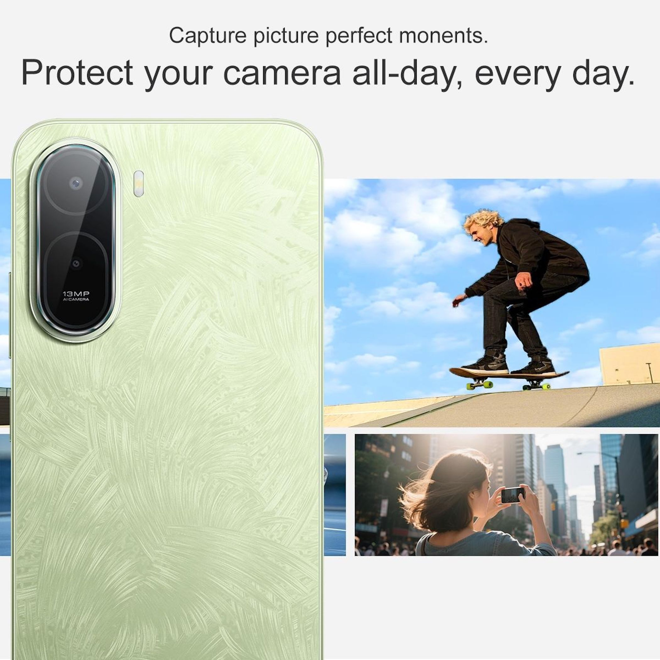 Un uomo su skateboard, una donna scatta una foto con un telefono.