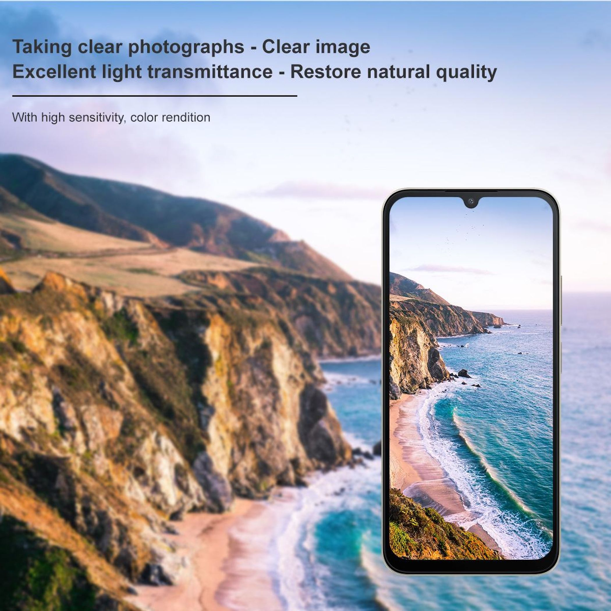 Uno smartphone mostra un paesaggio costiero con scogliere e oceano.
