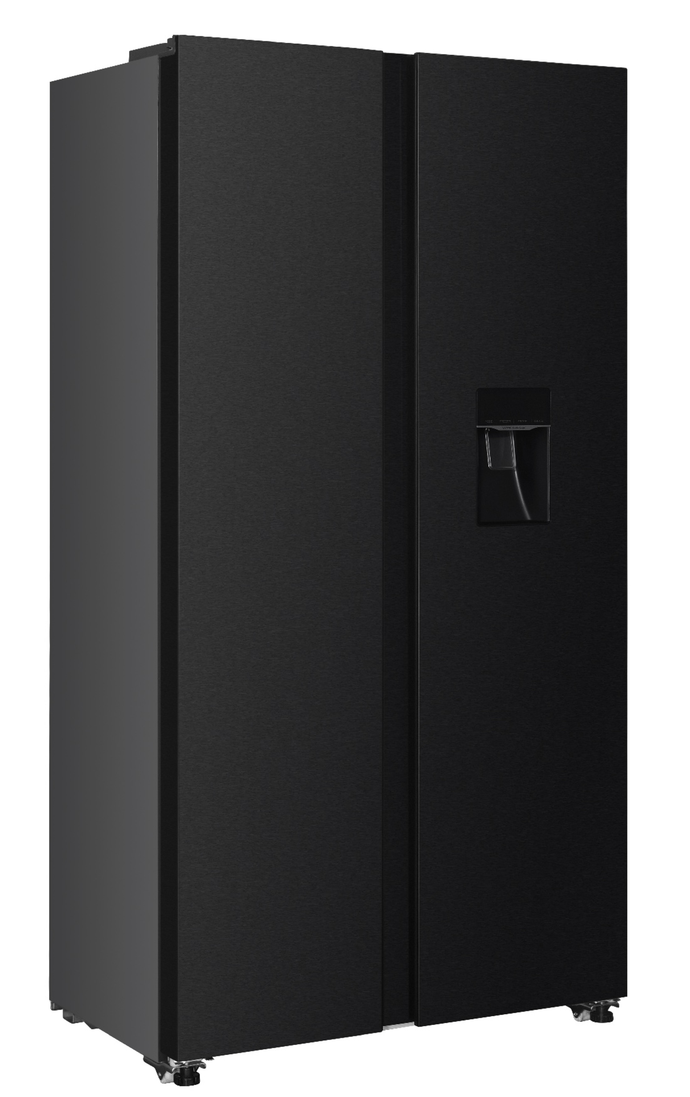 Ein schwarzer Kühlschrank mit zwei Türen und einem Wasserspender.