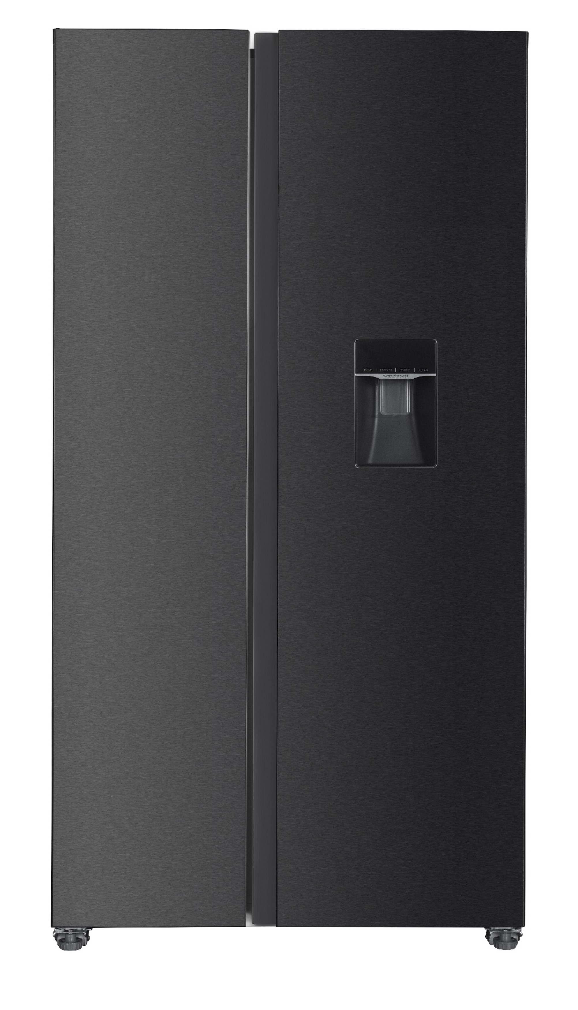 Ein schwarzer Kühlschrank mit zwei Türen und einem Wasserspender.
