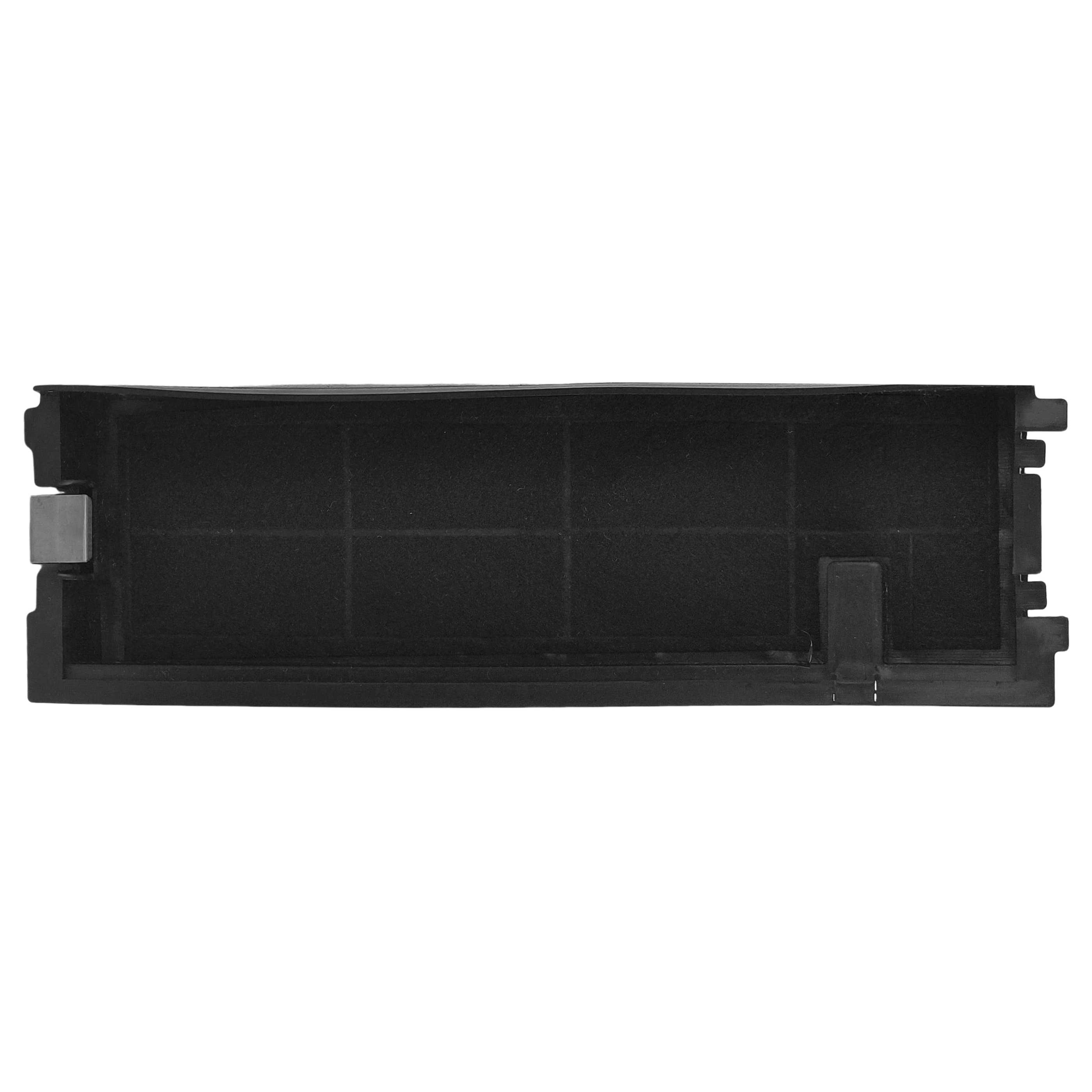 Ein schwarzer Aktivkohlefilter mit sichtbaren Gittern und Verriegelungsmechanismen.