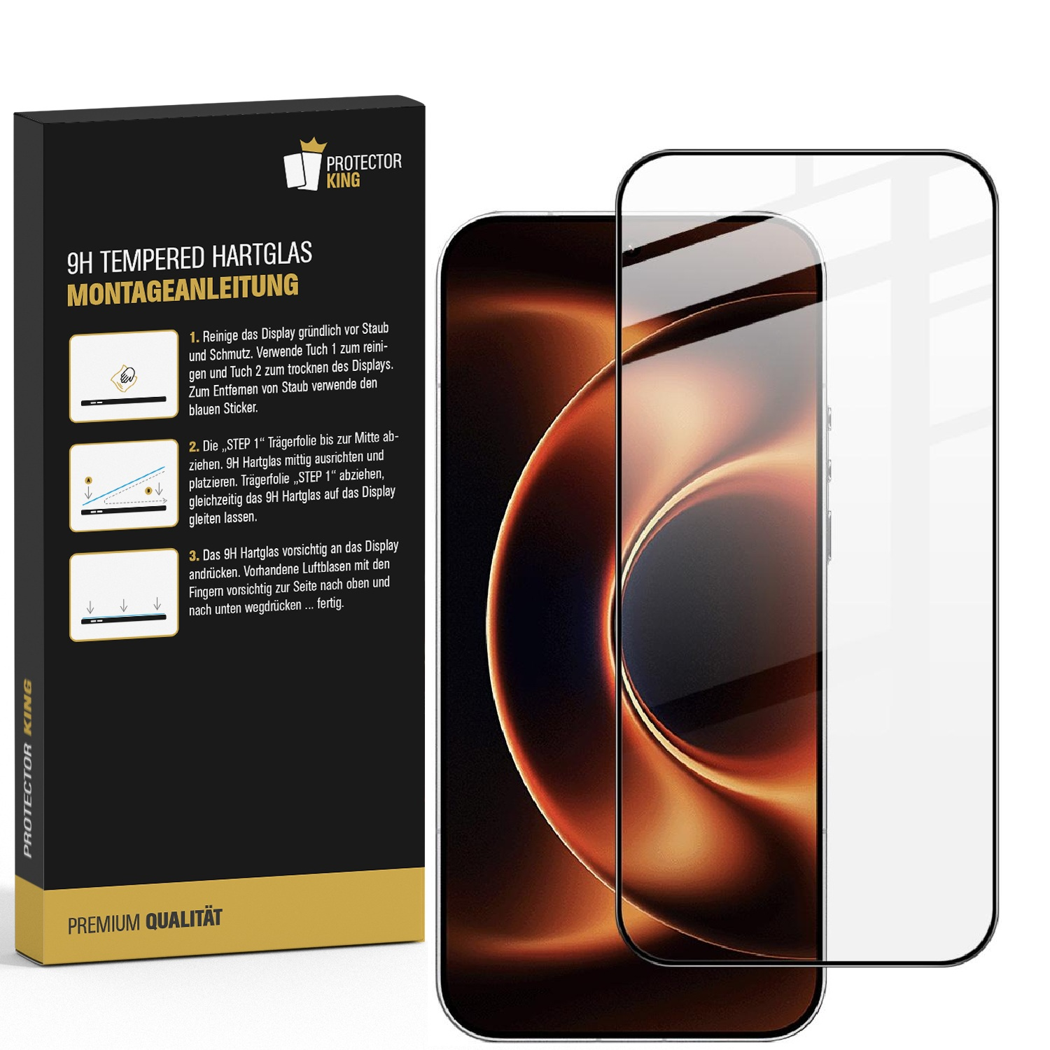 Verpackung und Schutzglas für ein Smartphone. Anleitung auf Deutsch.
