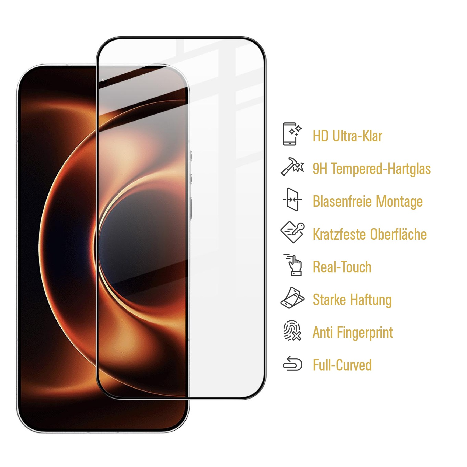 Ein Displayschutz für ein Smartphone, mit Icons und deutscher Beschreibung.