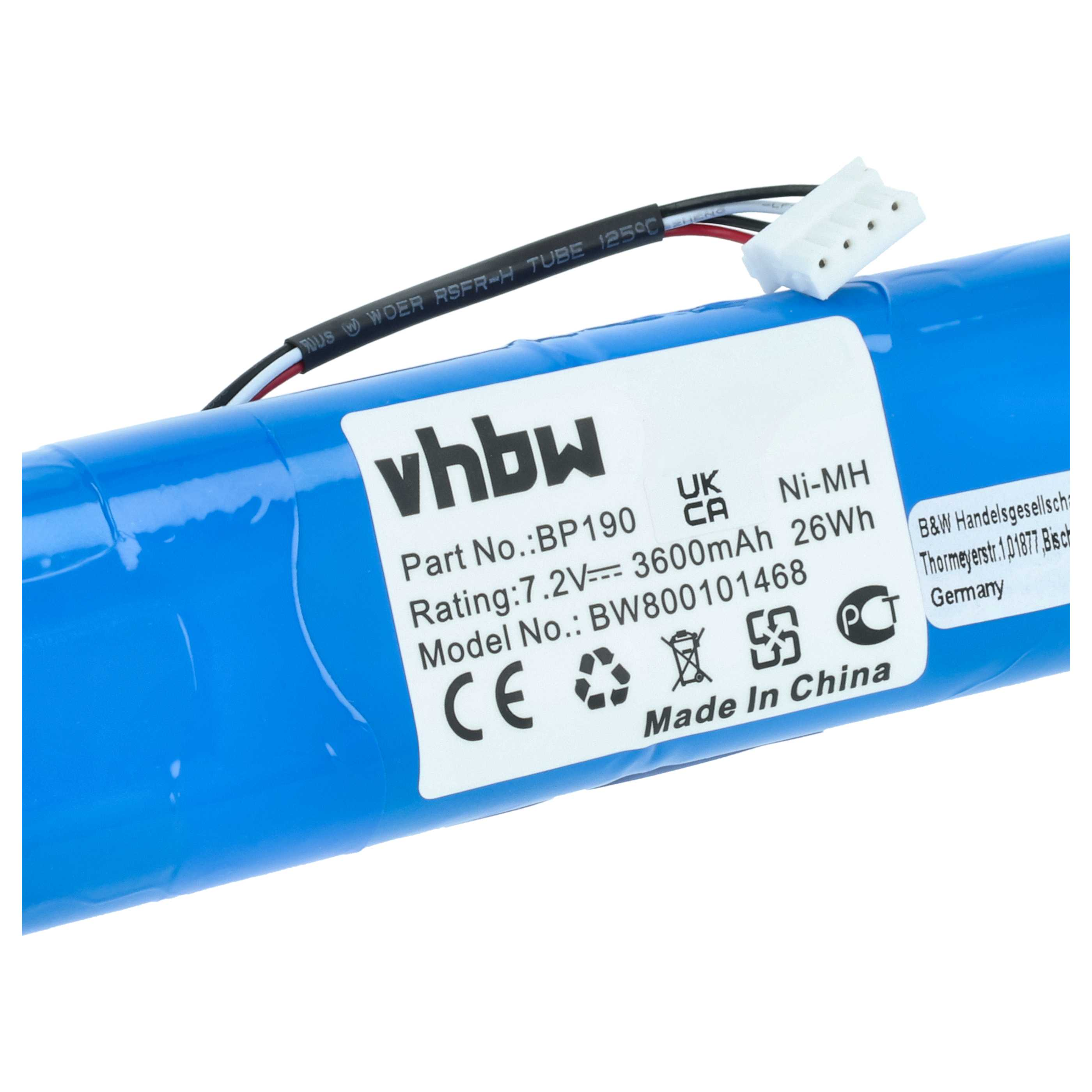 Blauer Akku mit weißem Etikett, Kabeln und Stecker.