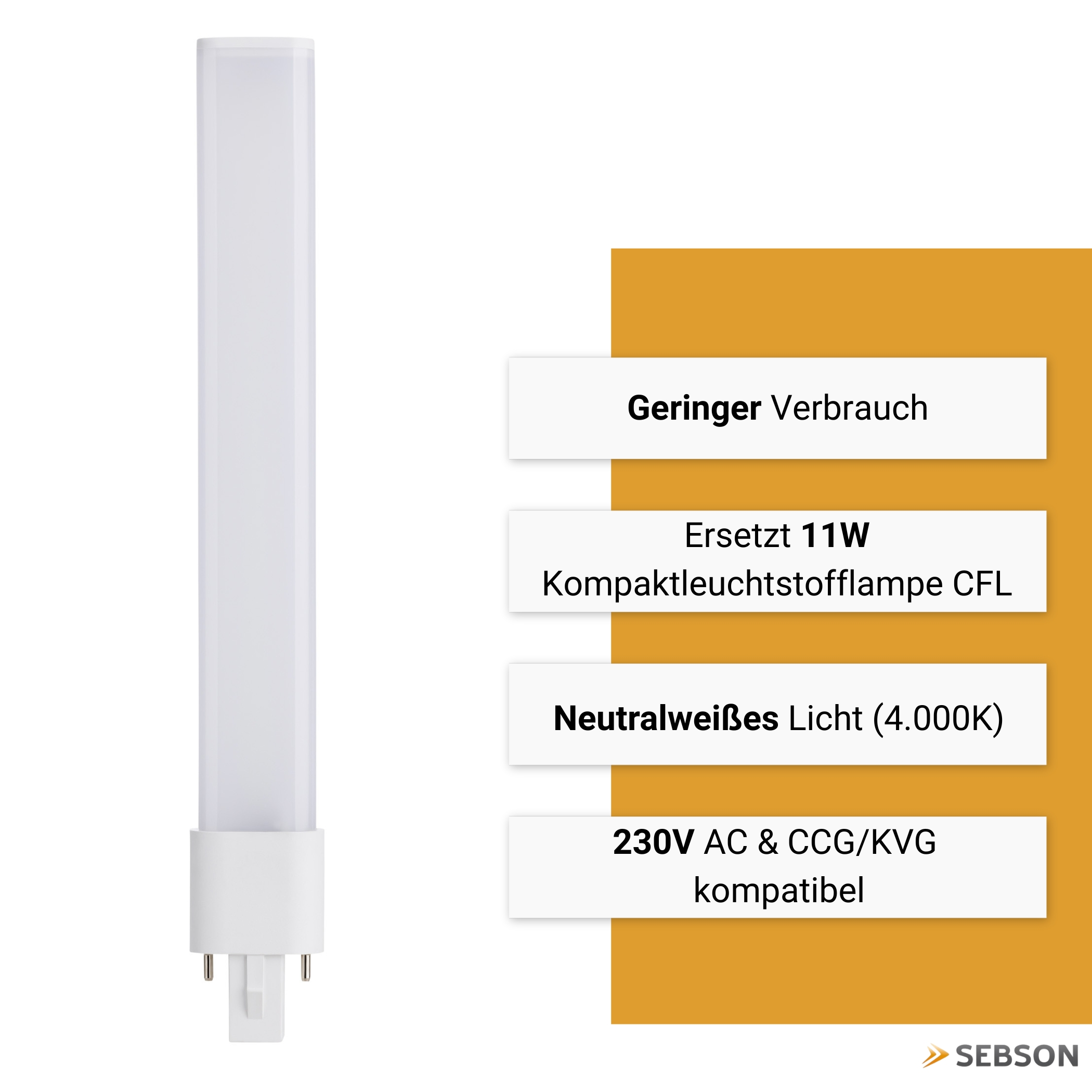 Eine weiße LED-Röhre mit 4 Pins, geringer Verbrauch, ersetzt 11W CFL, neutralweißes Licht.