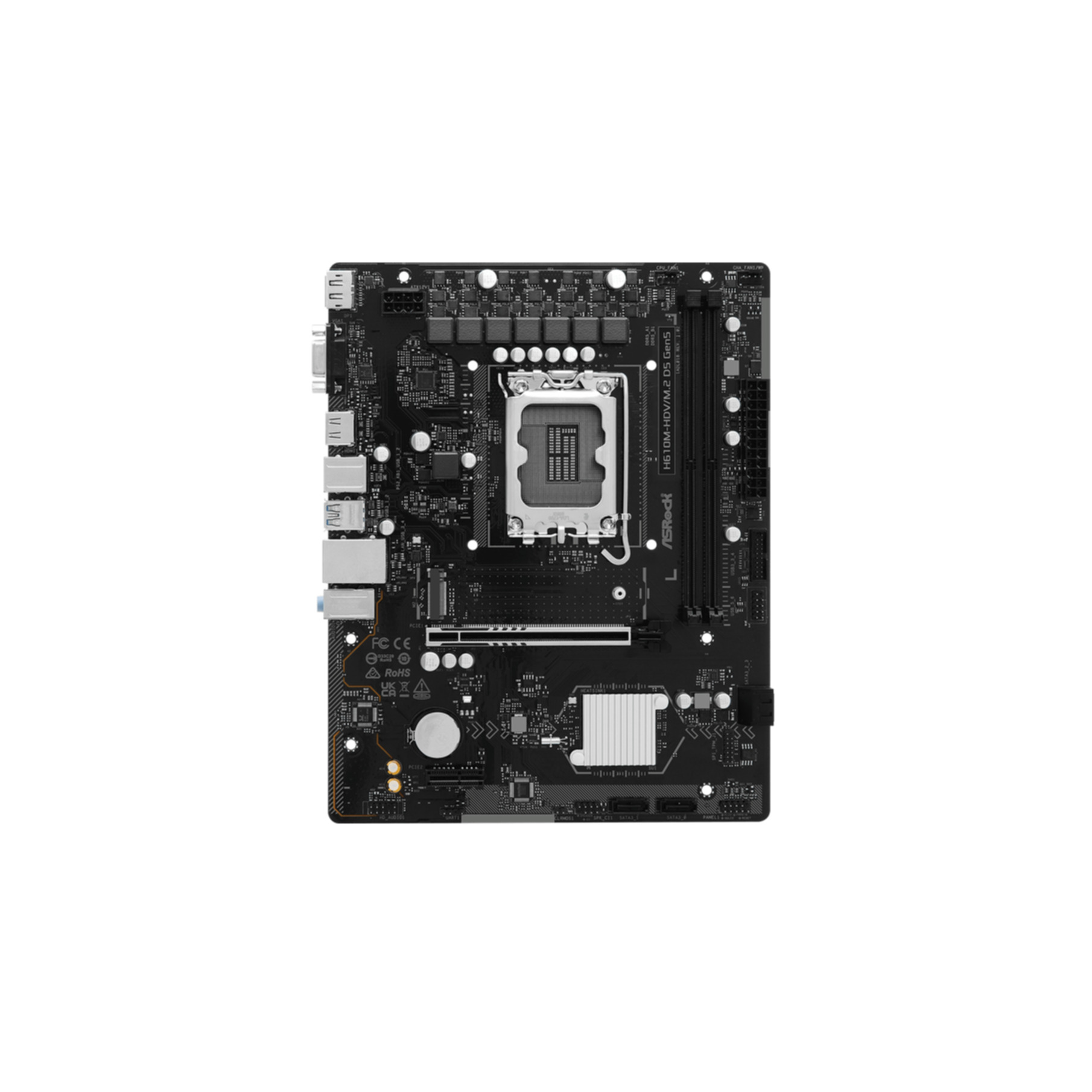Black motherboard with CPU socket, RAM slots, and connectors.