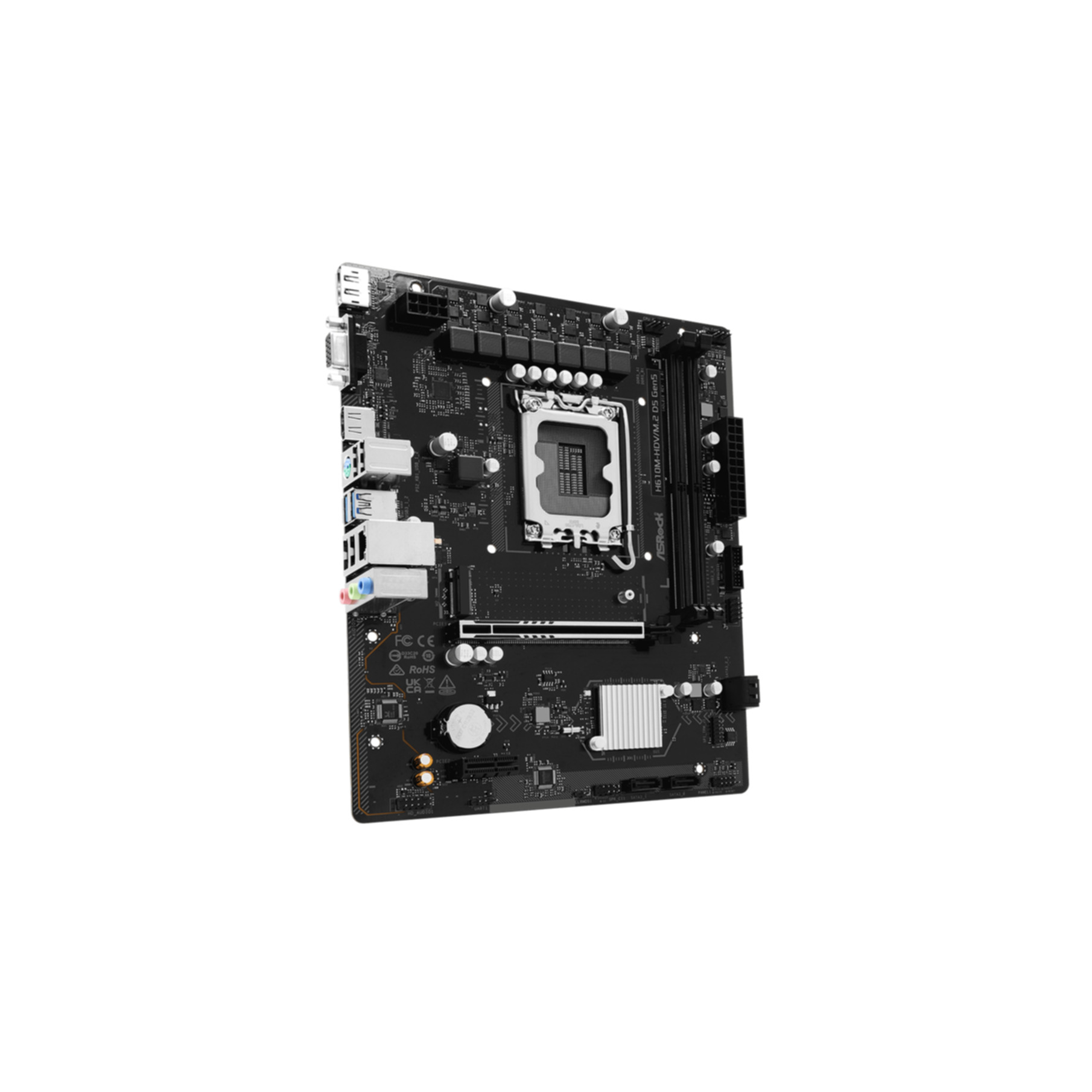 Black motherboard with CPU socket, RAM slots, and ports.