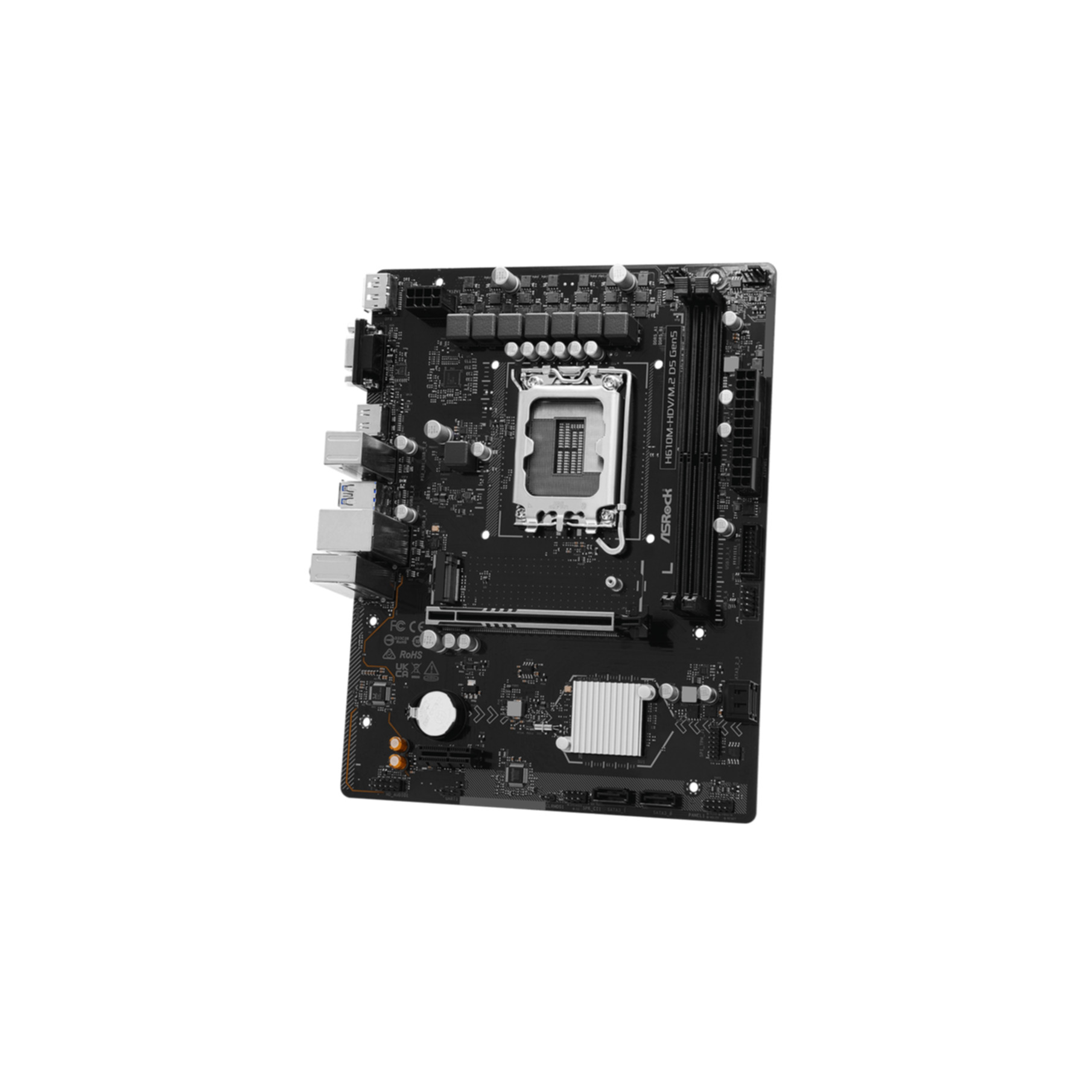 Black motherboard with CPU socket, RAM slots, and ports.