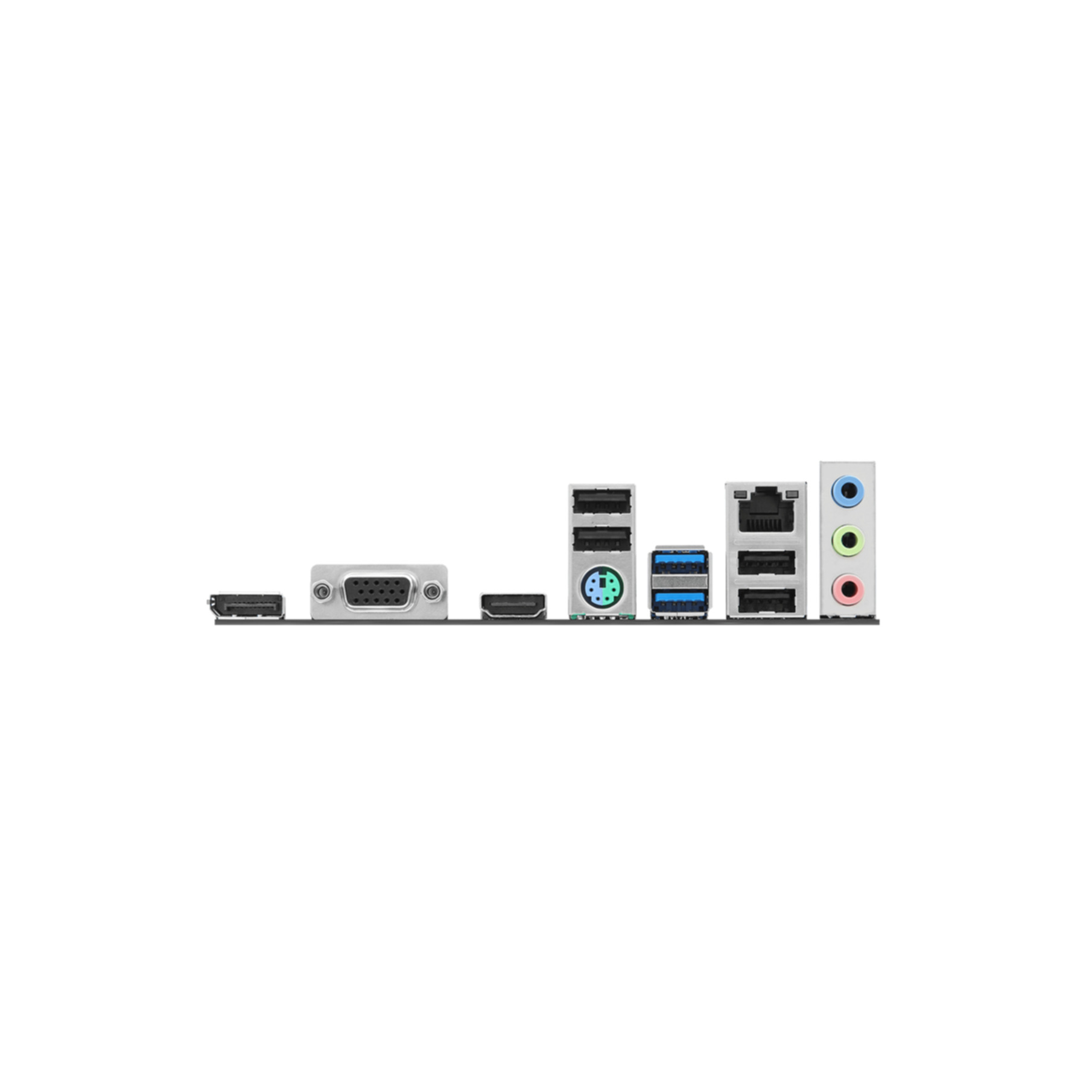 Motherboard rear I/O panel with ports: USB, VGA, HDMI, Ethernet, audio jacks.