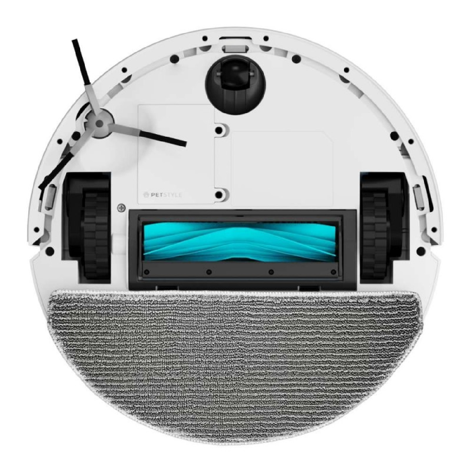 Vista inferior de un robot aspirador blanco con cepillo azul, ruedas negras y mopa.