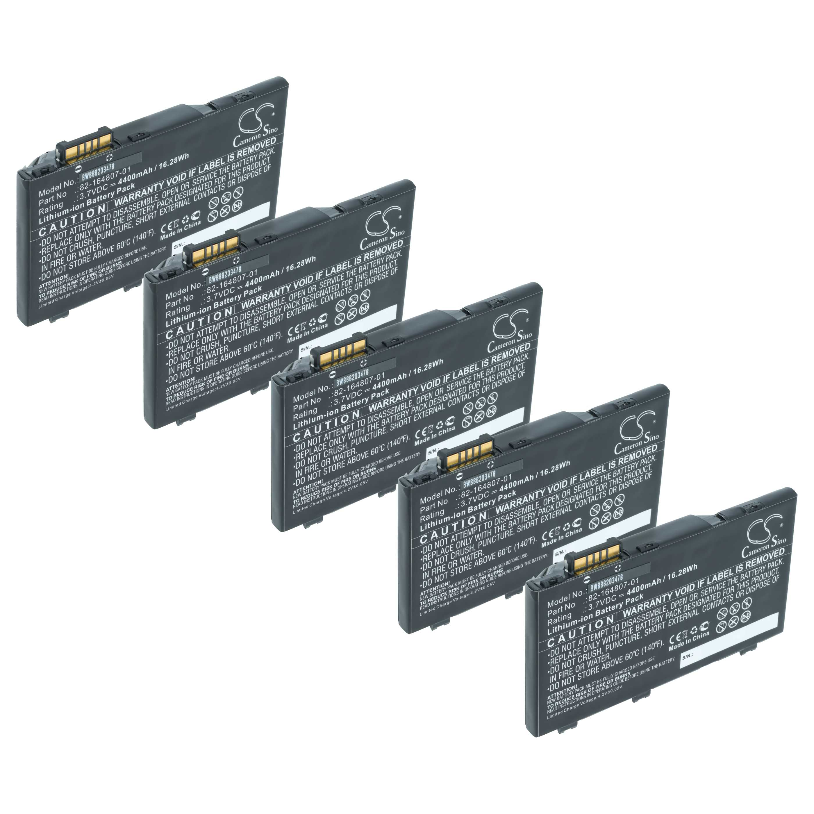 Fünf schwarze Lithium-Ionen-Akkus mit goldenen Anschlüssen, weißer Beschriftung.
