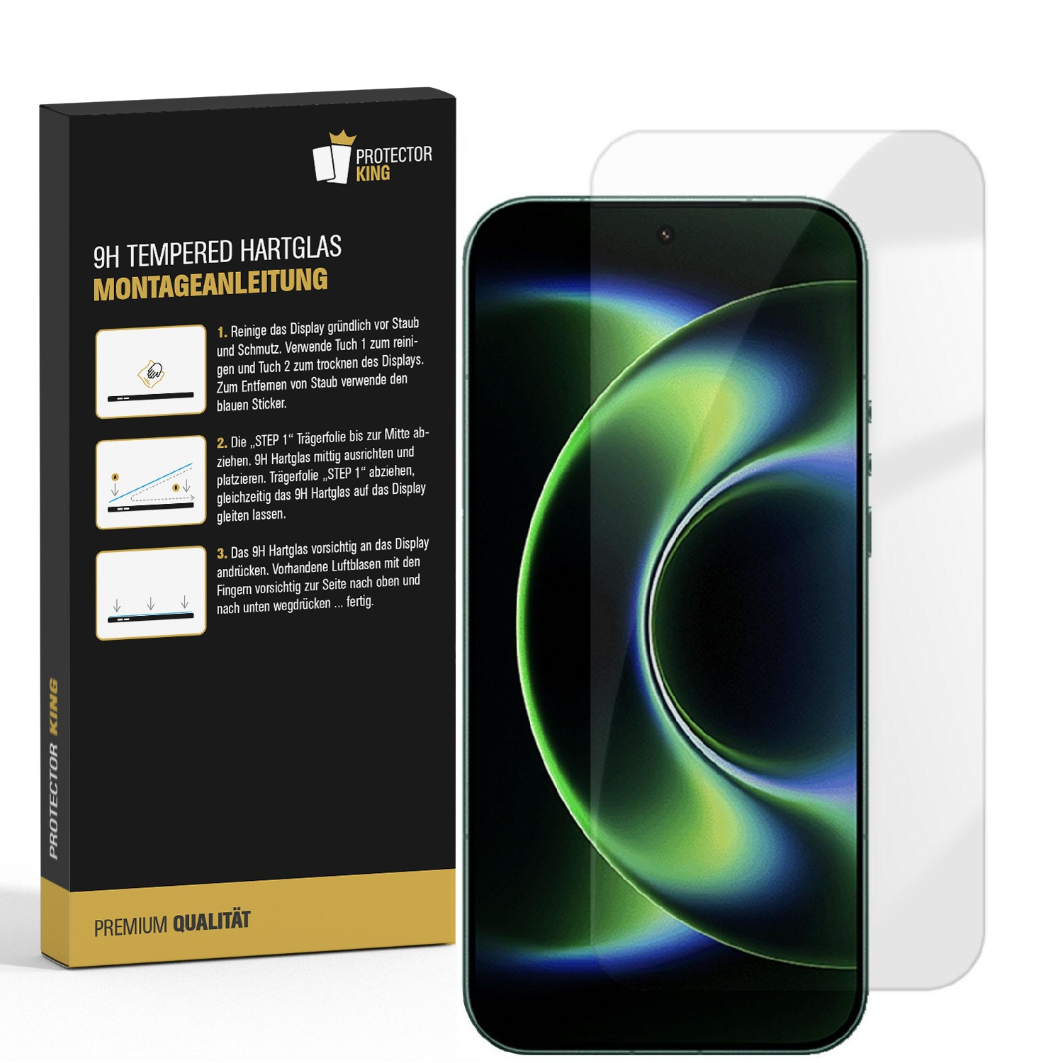 Verpackung mit Anleitung für 9H Hartglas Displayschutzfolie neben einem Smartphone.