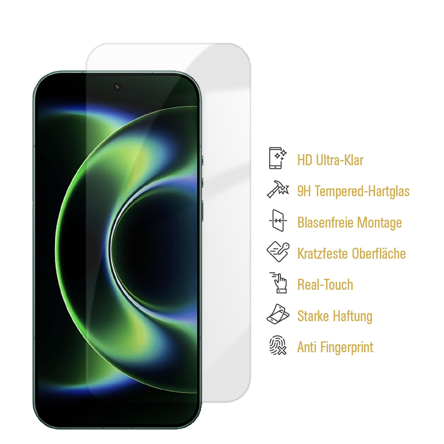 Ein Smartphone-Schutzglas mit verschiedenen Merkmalen.