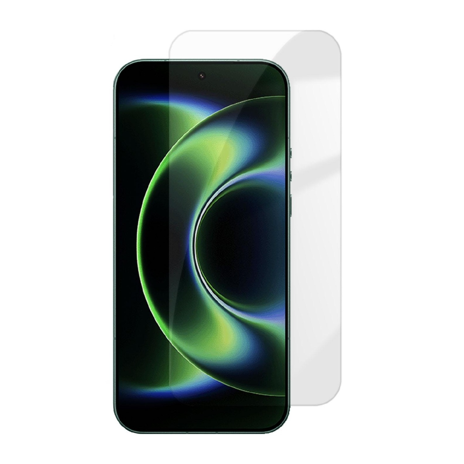 Ein Smartphone mit einem grünen Hintergrundbild und einer Displayschutzfolie.
