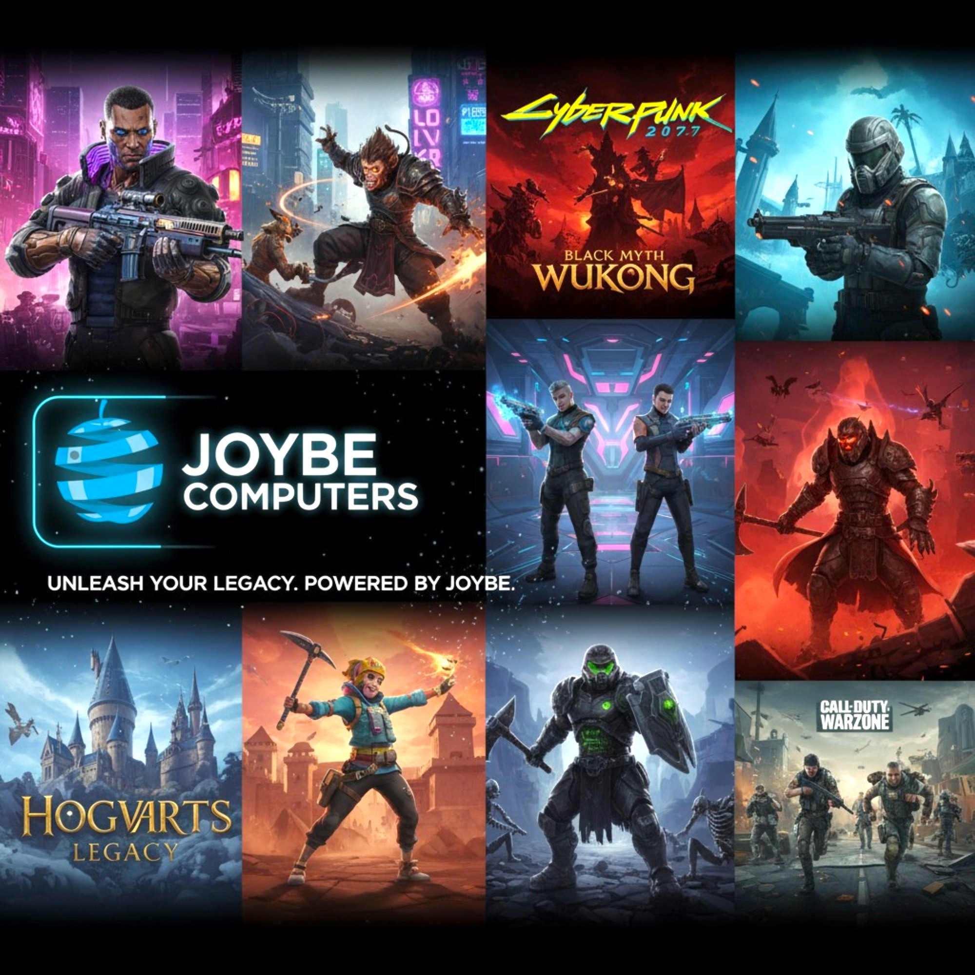 Collage de varios arte de videojuegos: Cyberpunk, Wukong, Hogwarts, Call of Duty.