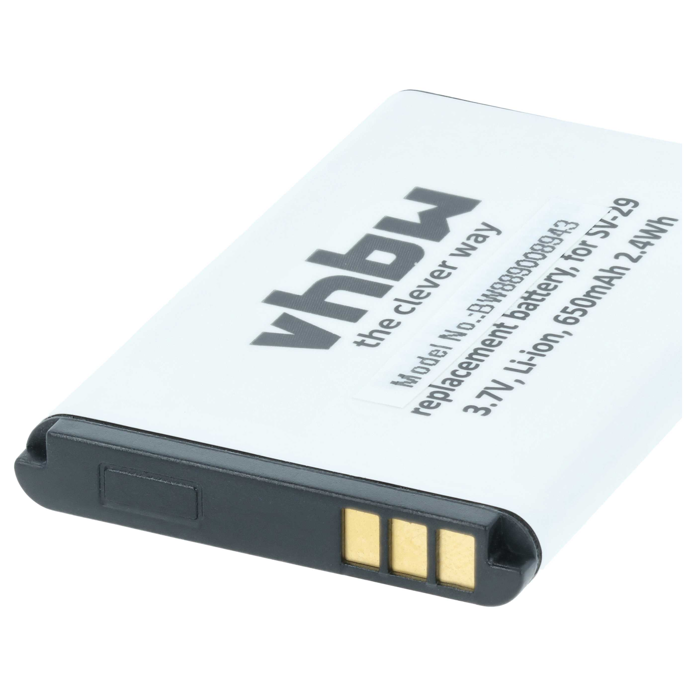 Ein vhbw 3,7V Li-Ion Akku, 650mAh, für SV-29. Weiß mit schwarzen Anschlüssen.