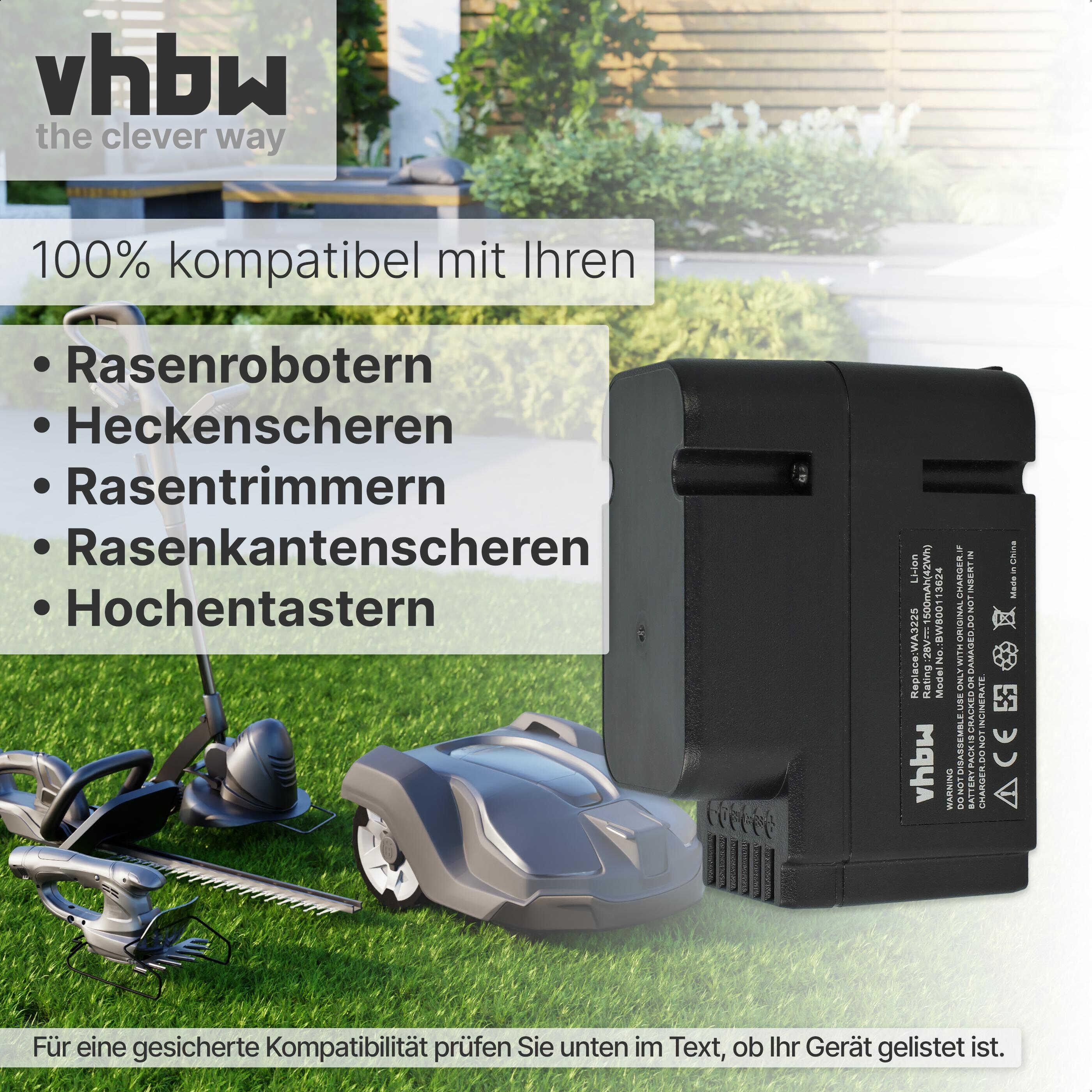 Ein schwarzer Akku liegt neben einem Rasenroboter und Gartengeräten.