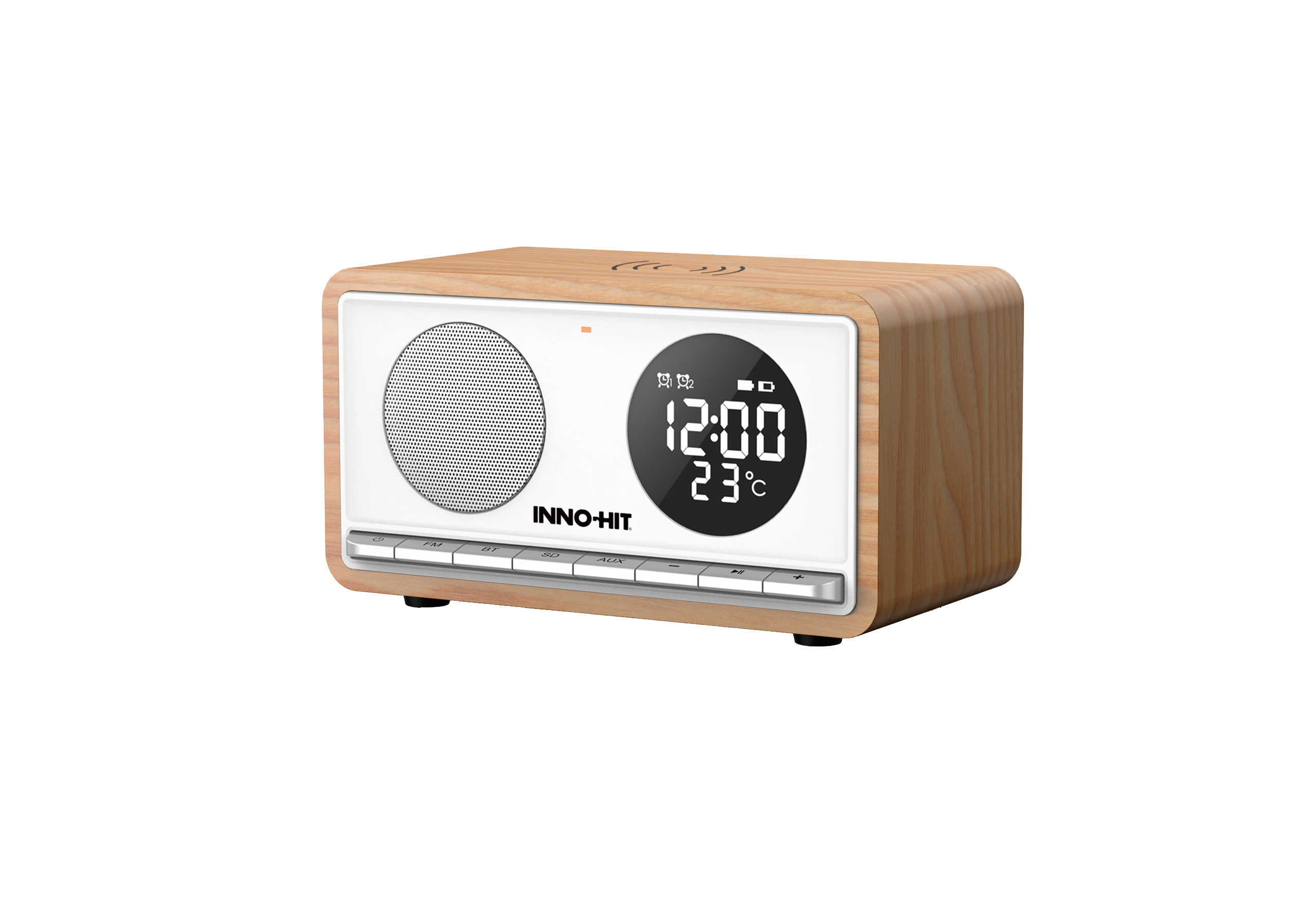 Holzradio mit weißer Front, Lautsprecher, Digitalanzeige 12:00 und 23°C.