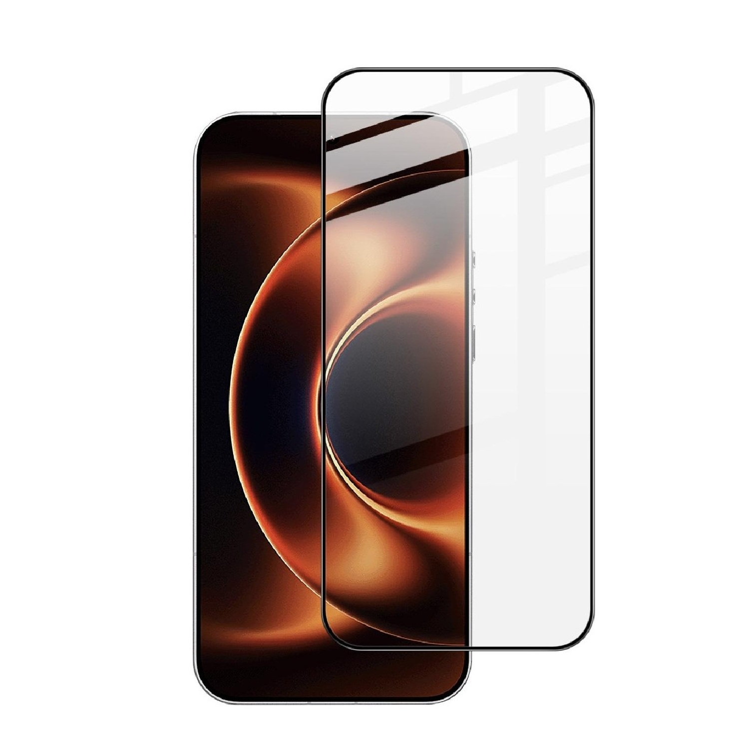 Ein Smartphone mit einem Displayschutz aus Glas, das teilweise auf dem Bildschirm liegt.