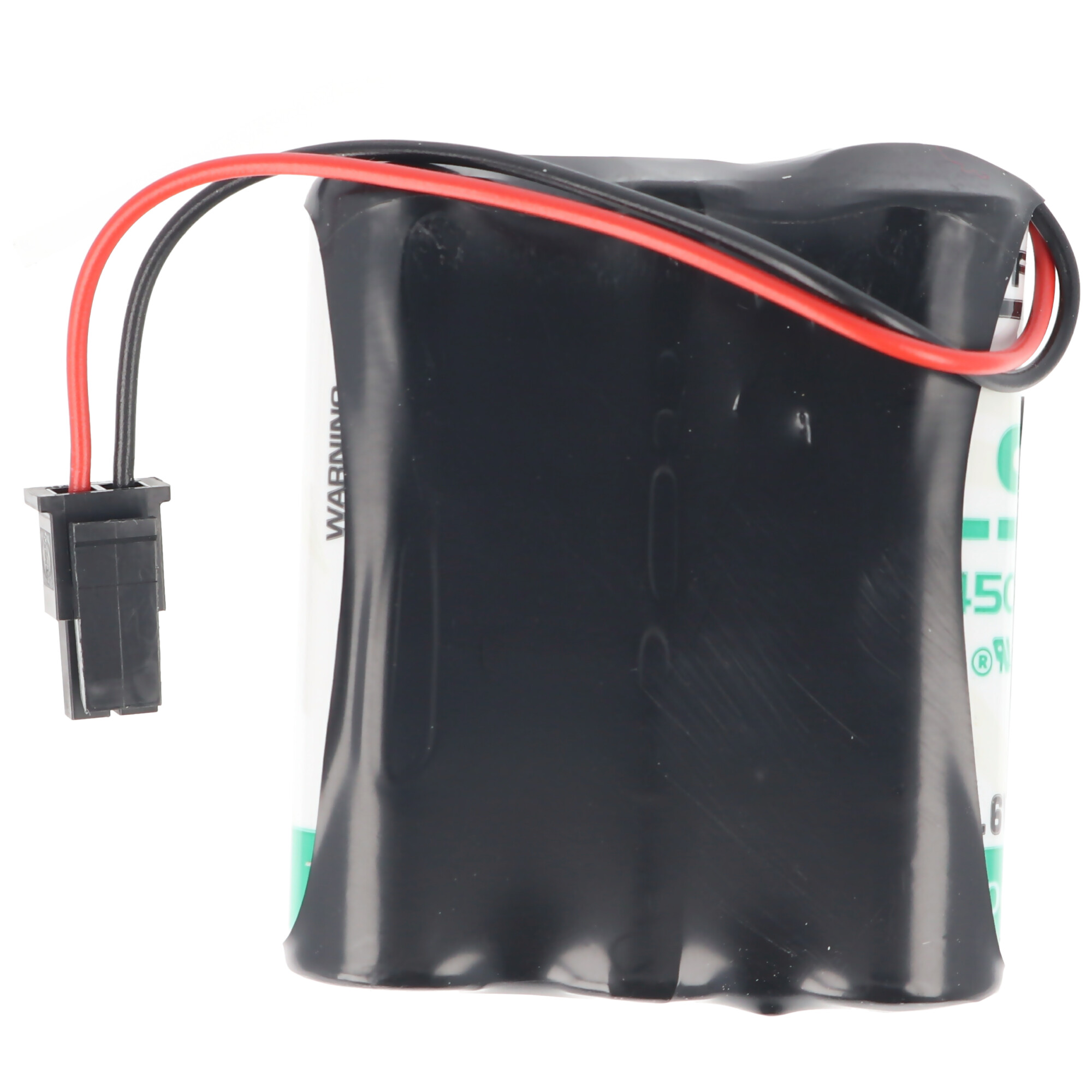 Ein schwarzer Akku mit roten und schwarzen Kabeln, die zu einem Stecker führen.