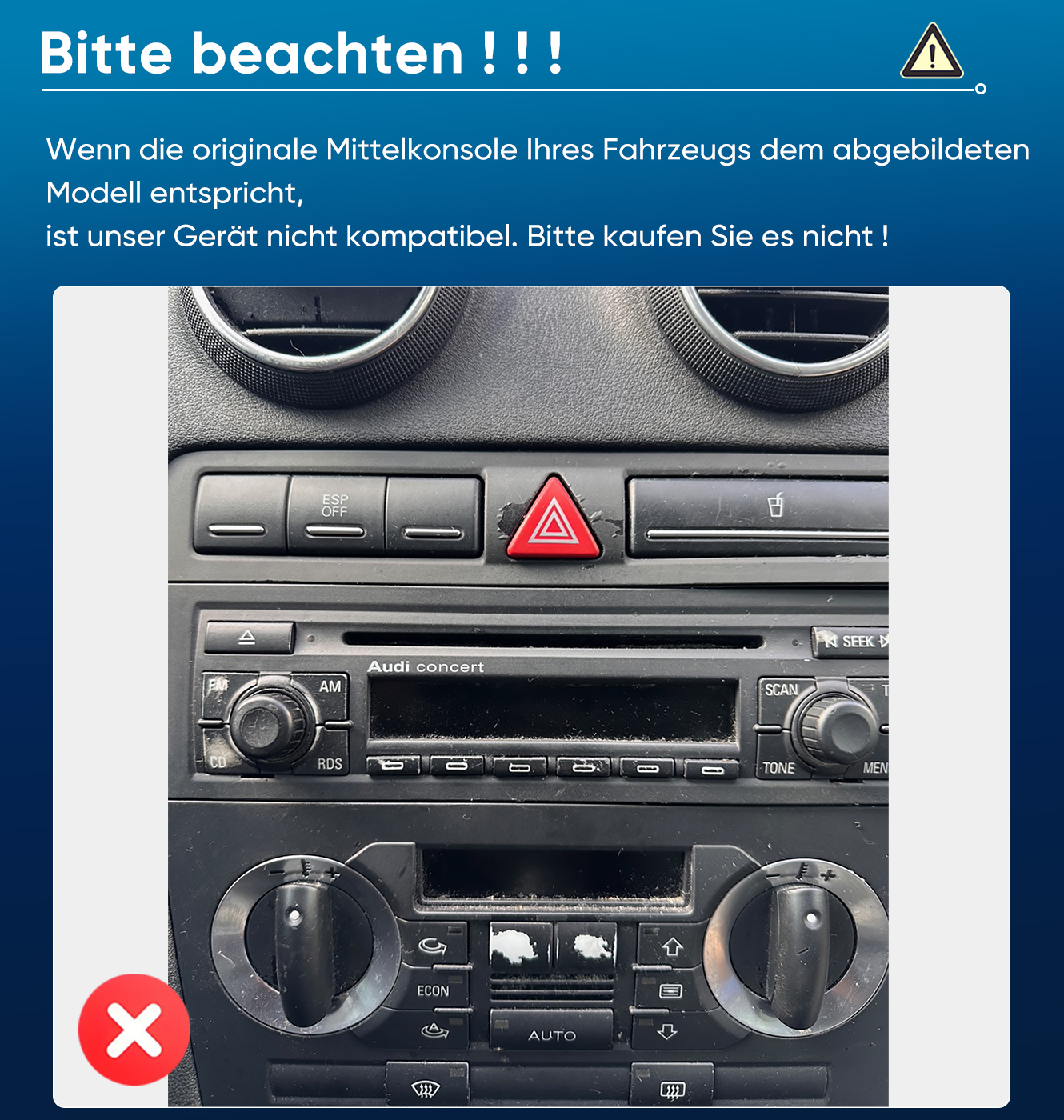 Auto Mittelkonsole mit Radio, Lüftung und Knöpfen. Rotes X links.