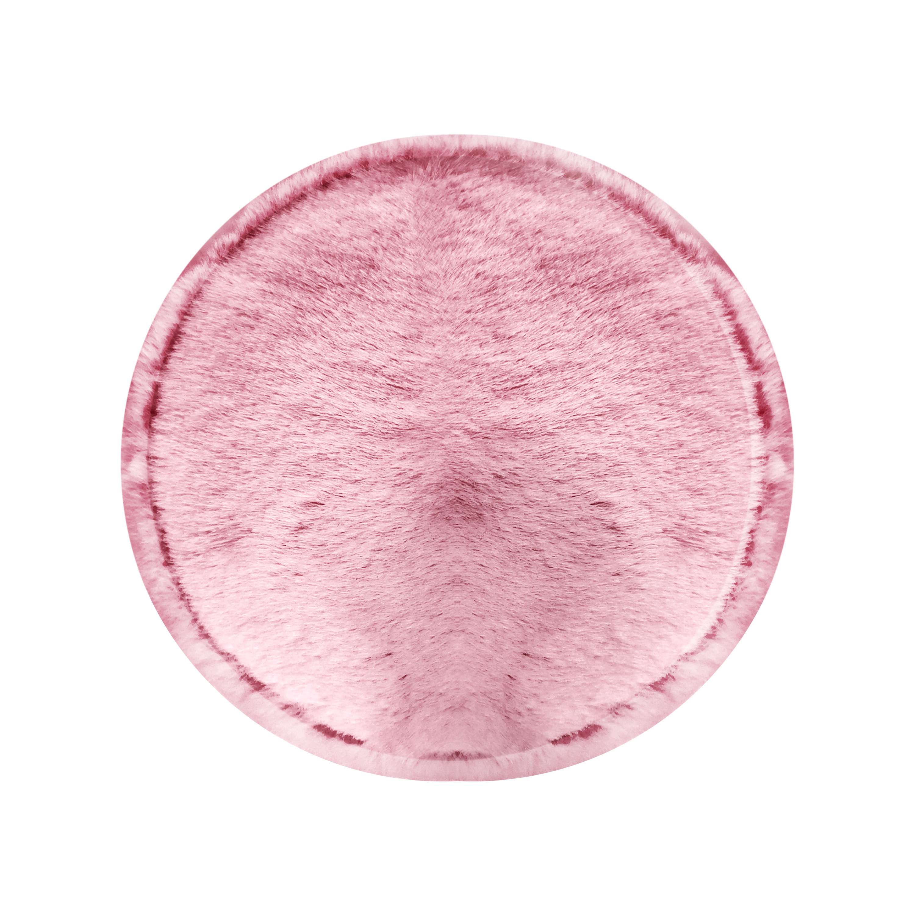 Ein runder, flauschiger, rosafarbener Teppich mit einer samtigen Textur.