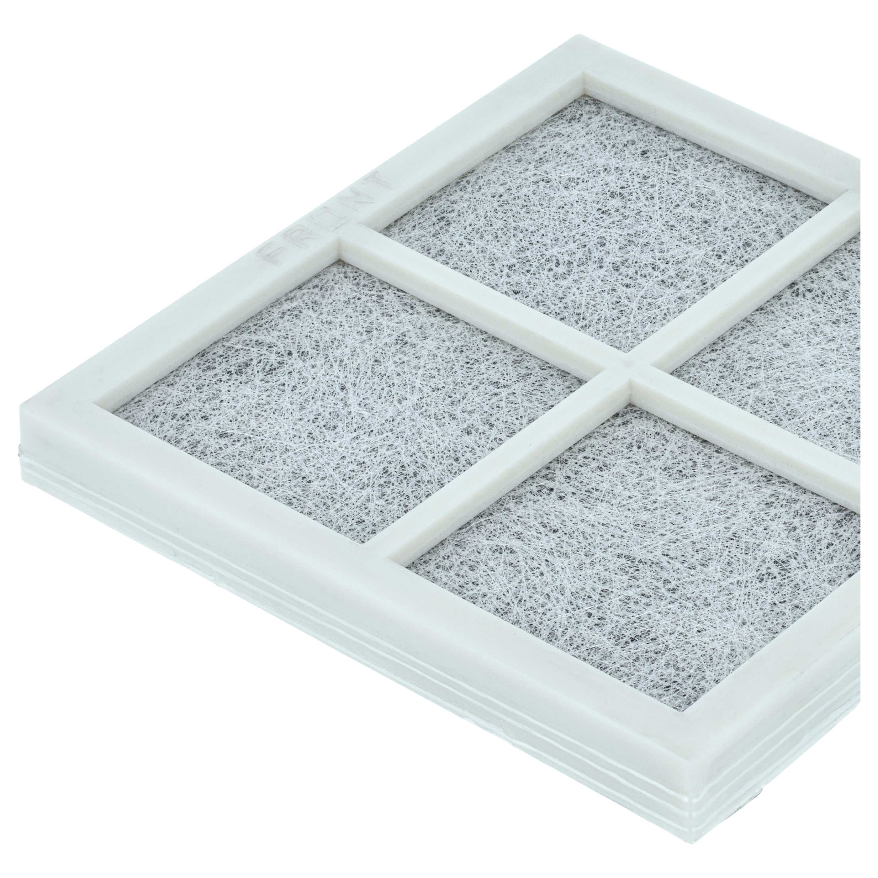 Ein weißer Luftfilter mit feinem, grauem Filtermaterial, aufgeteilt in sechs Quadrate.