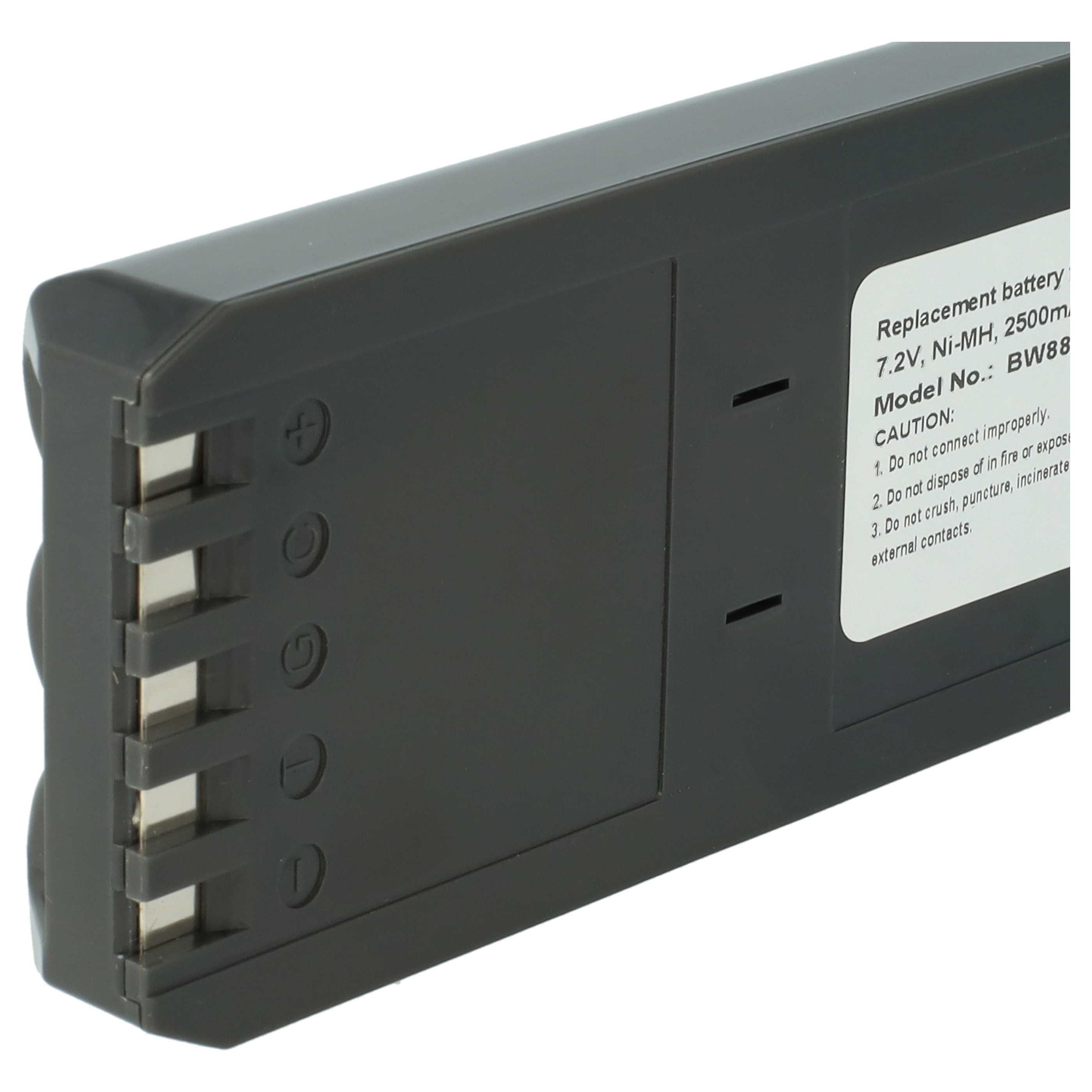 Schwarzer Akku, 7,2V Ni-MH, 2500mAH, Modell BW88. Anschlusskontakte sind sichtbar.