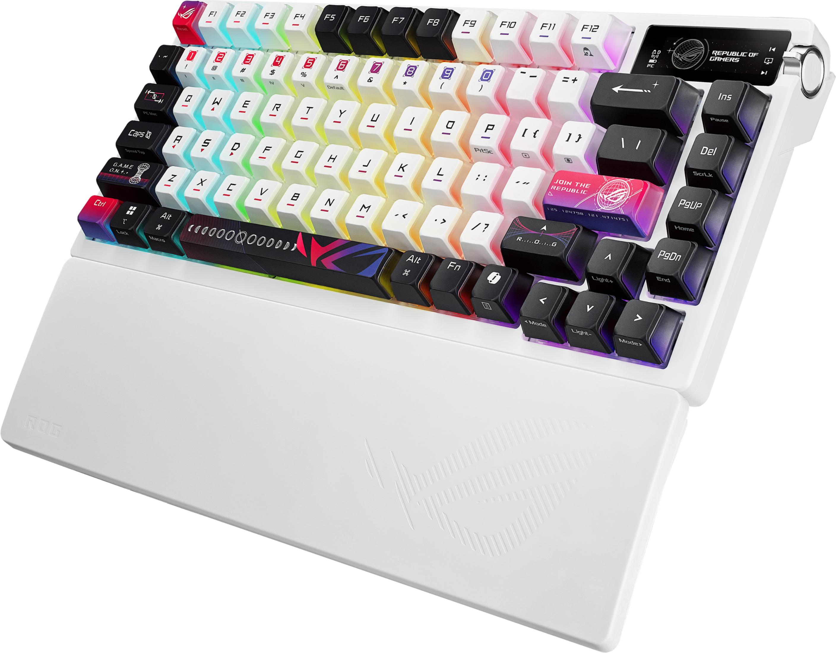 Ein weißes Gaming-Keyboard mit RGB-Beleuchtung und vielen Tasten.