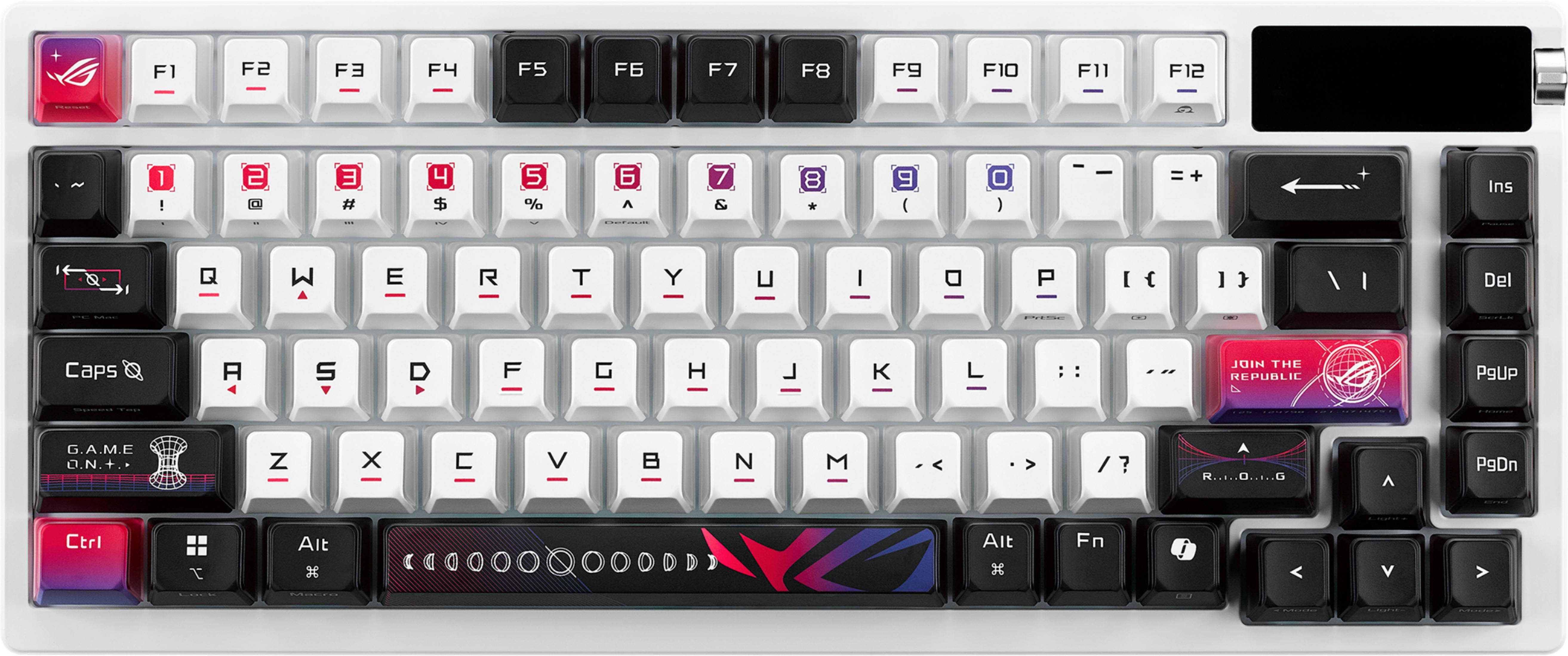 Weiße Tastatur mit schwarzen und roten Tasten. ROG-Logo auf einigen Tasten.
