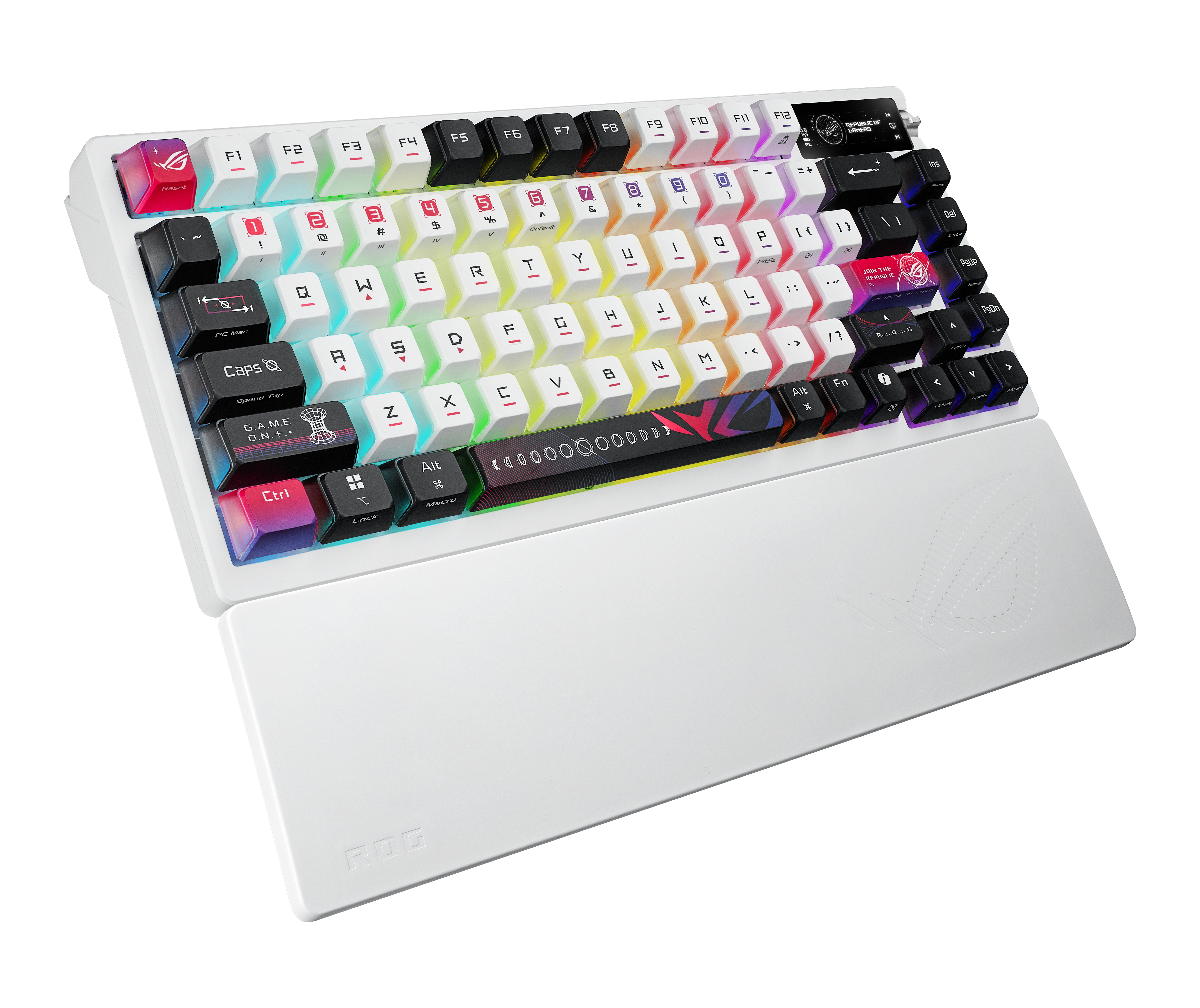 Eine weiße mechanische Tastatur mit RGB-Beleuchtung und Handgelenkauflage.