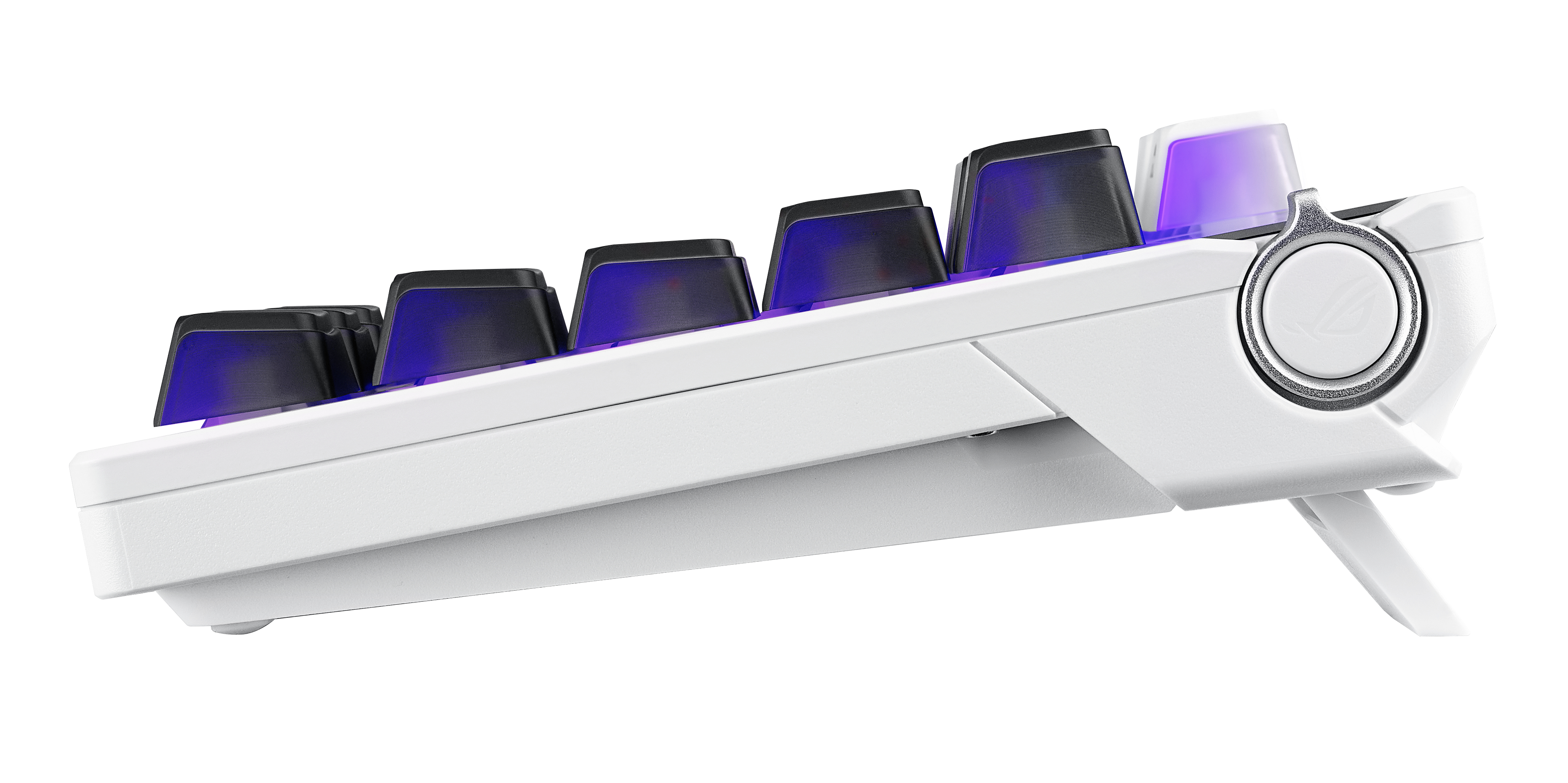 Weiße mechanische Tastatur mit schwarzen Tasten und violetter Hintergrundbeleuchtung.