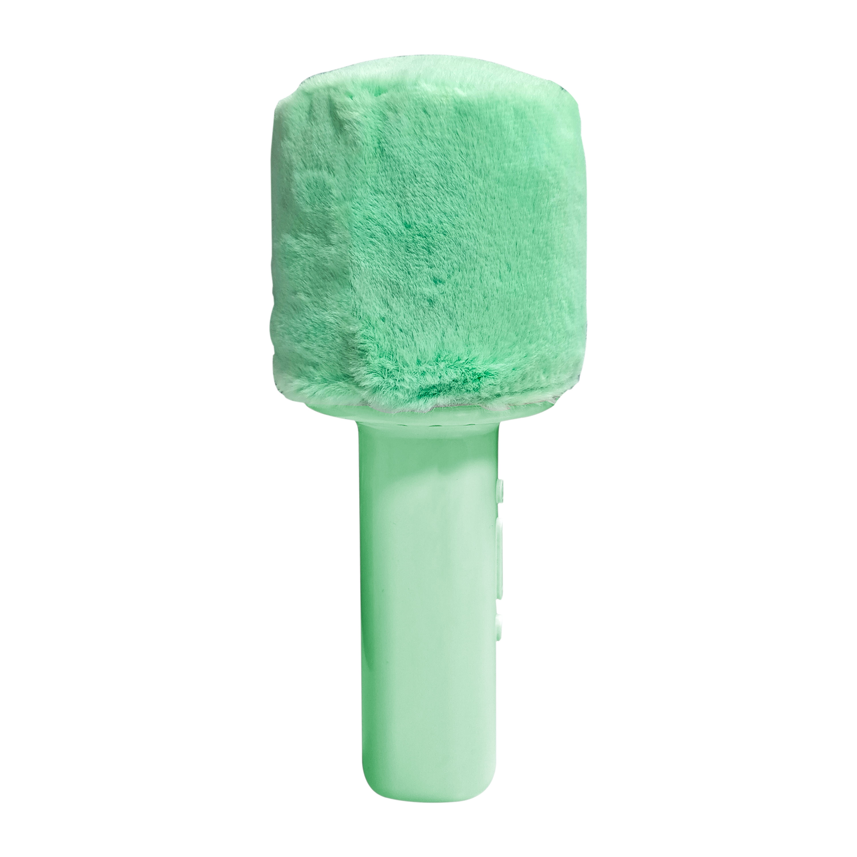 Ein mintgrünes Mikrofon mit flauschiger Hülle und Griff.