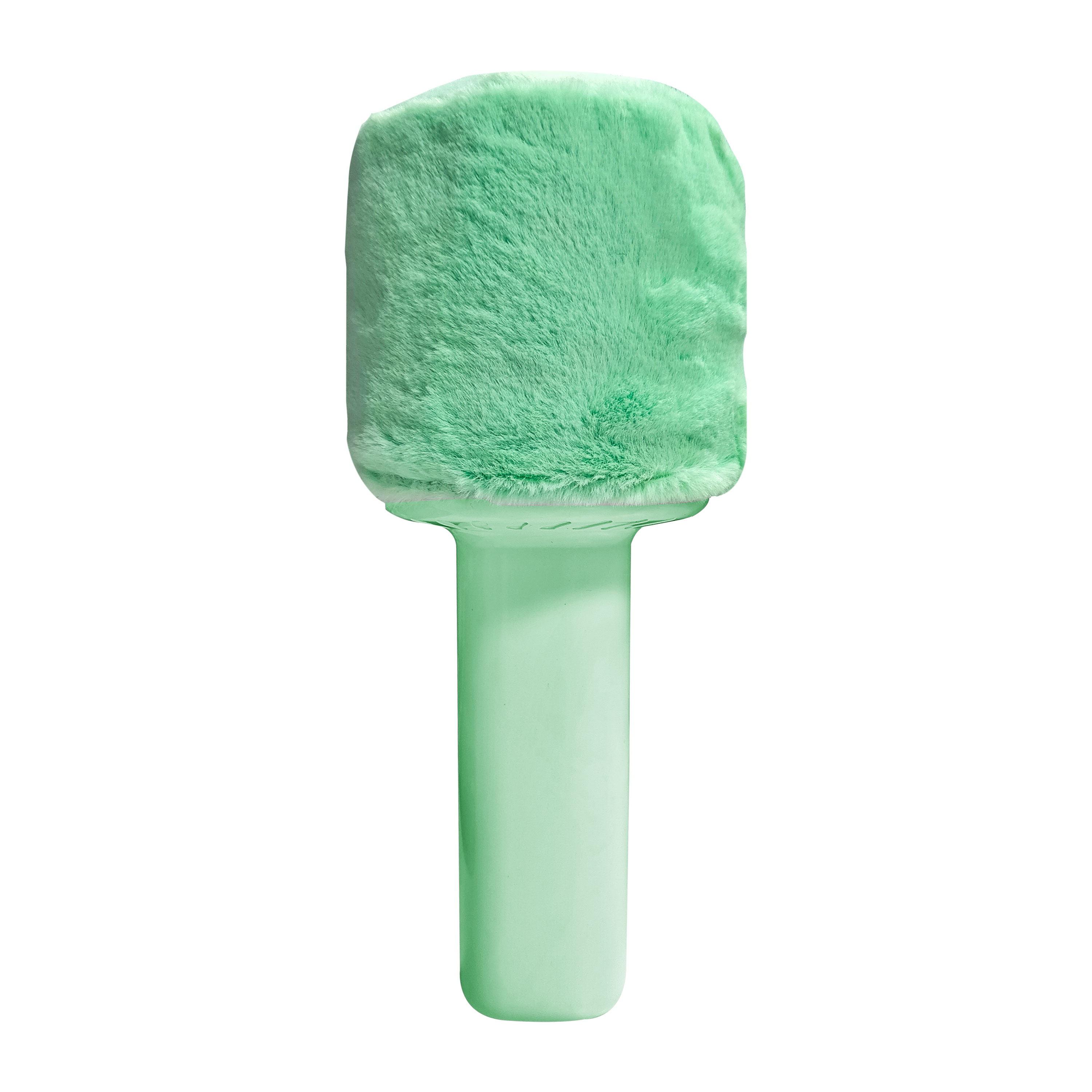 Ein mintgrüner flauschiger Gegenstand mit einem Stiel.