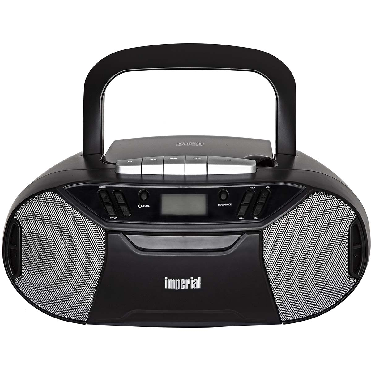 Ein schwarzer tragbarer CD-Player mit silbernen Tasten und Griff.