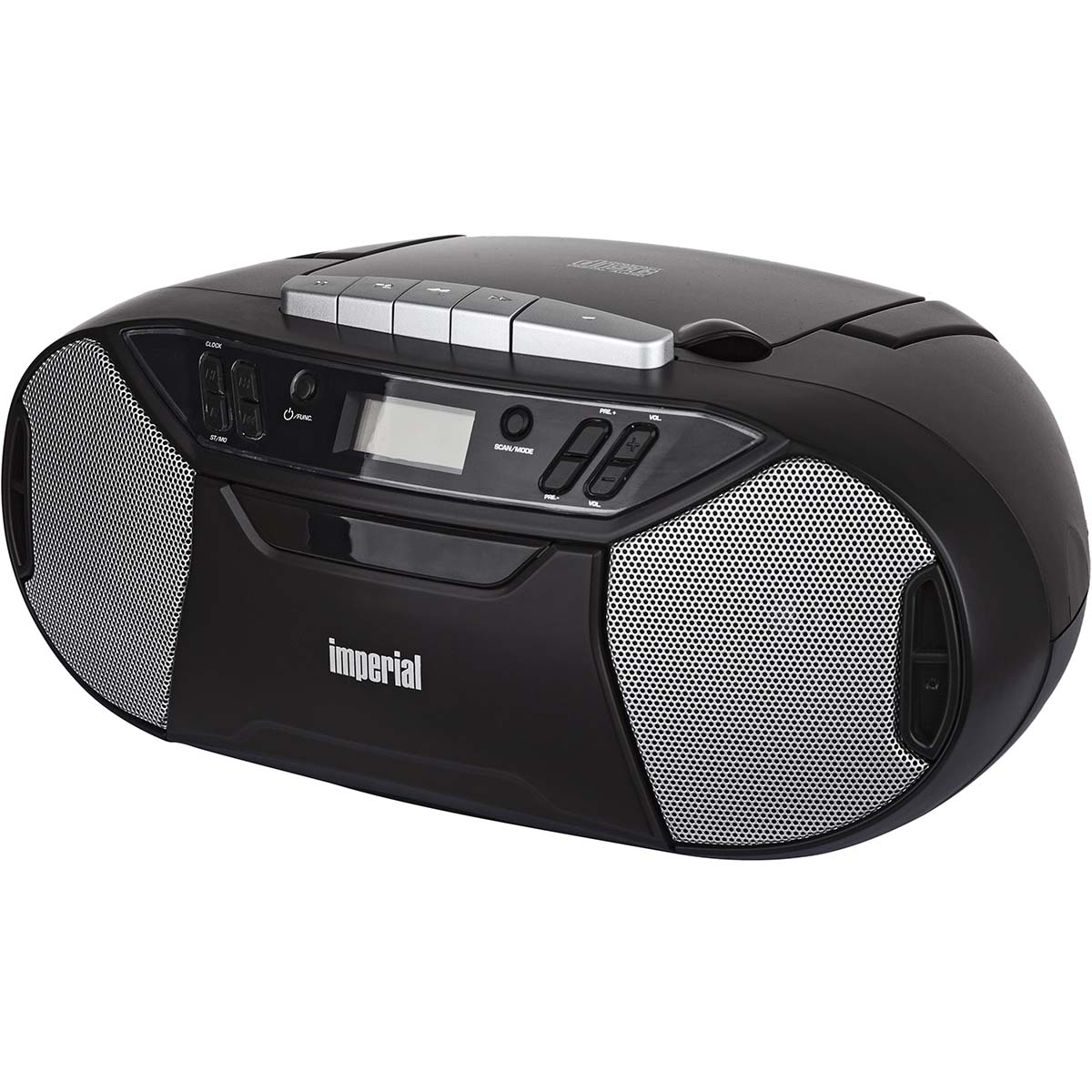 Schwarzer tragbarer CD-Player mit Lautsprechern und Bedienfeld.