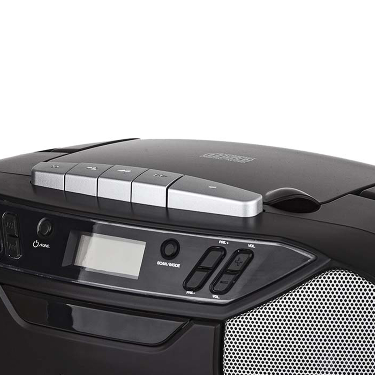 Nahaufnahme eines schwarzen Boombox-CD-Players mit silbernen Tasten und einem kleinen Bildschirm.
